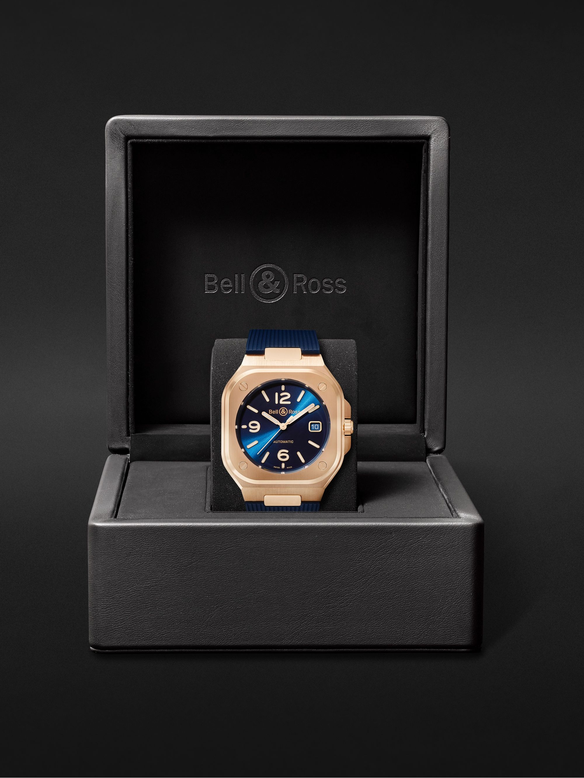 BELL & ROSS BR 05 Blue Gold Automatic 40mm 18-Karat Rose Gold and Rubber Watch, Ref. No. BR05A-BLU-PG/SRB