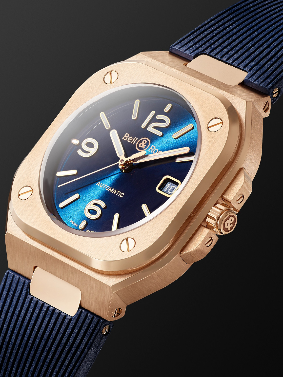 Shop Bell & Ross Br 05 Blue Gold Automatic 40mm 18-karat Rose Gold And Rubber Watch, Ref. No. Br05a-blu-pg/srb