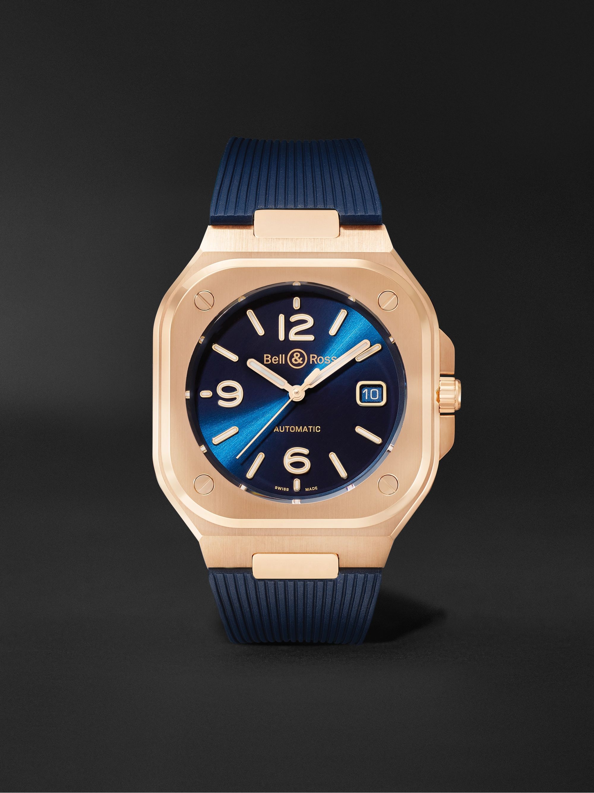 BELL & ROSS BR 05 Blue Gold Automatic 40mm 18-Karat Rose Gold and Rubber Watch, Ref. No. BR05A-BLU-PG/SRB