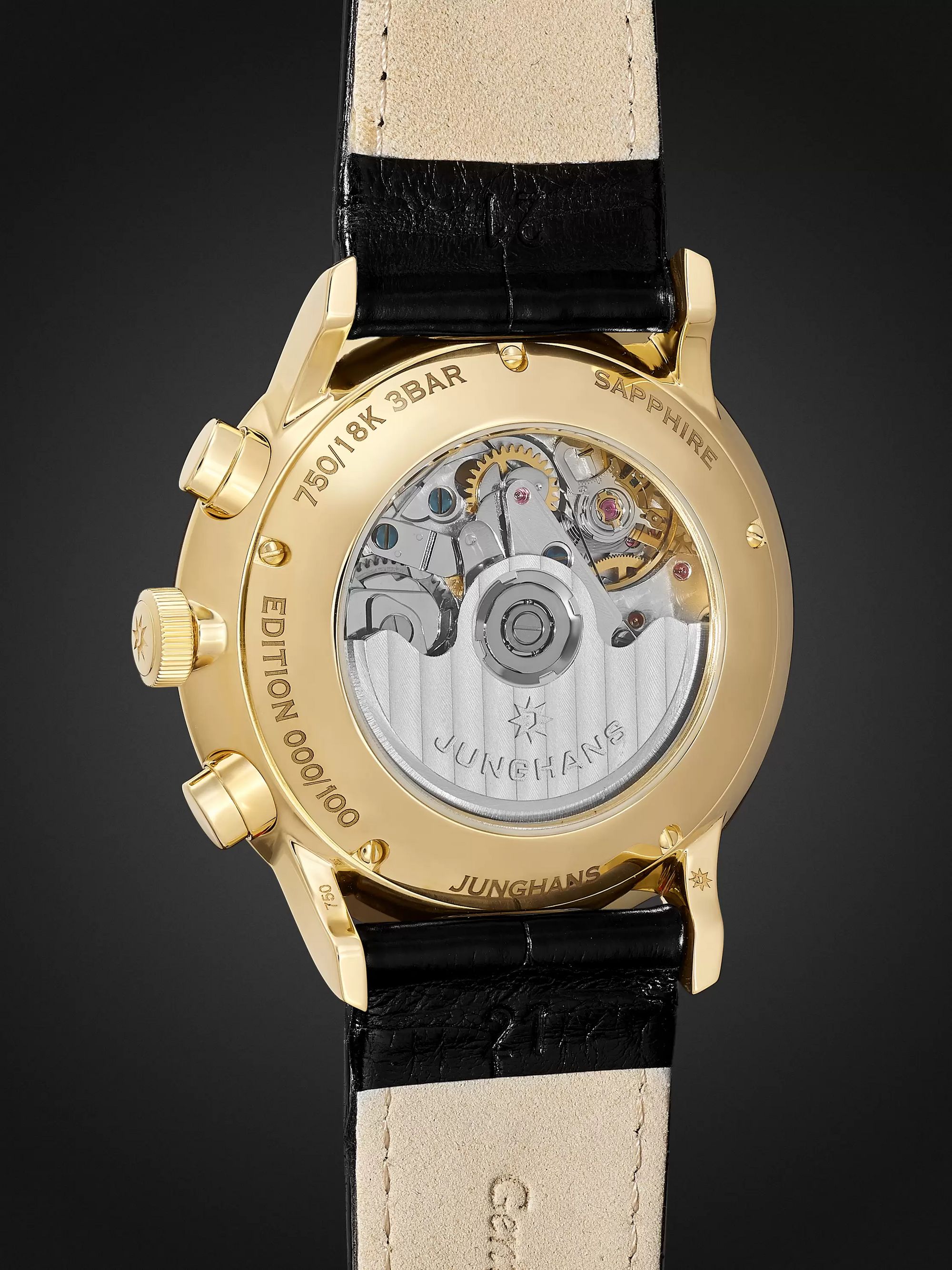 JUNGHANS Meister Limited Edition Automatic Chronoscope 40mm 18-Karat Gold and Alligator Watch, Ref. No. 027/9000.02