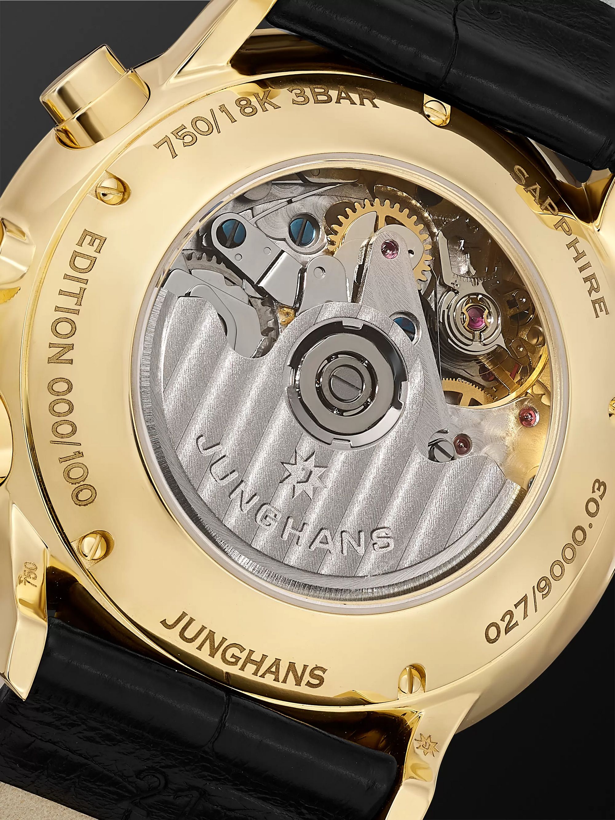 JUNGHANS Meister Limited Edition Automatic Chronoscope 40mm 18-Karat Gold and Alligator Watch, Ref. No. 027/9000.02