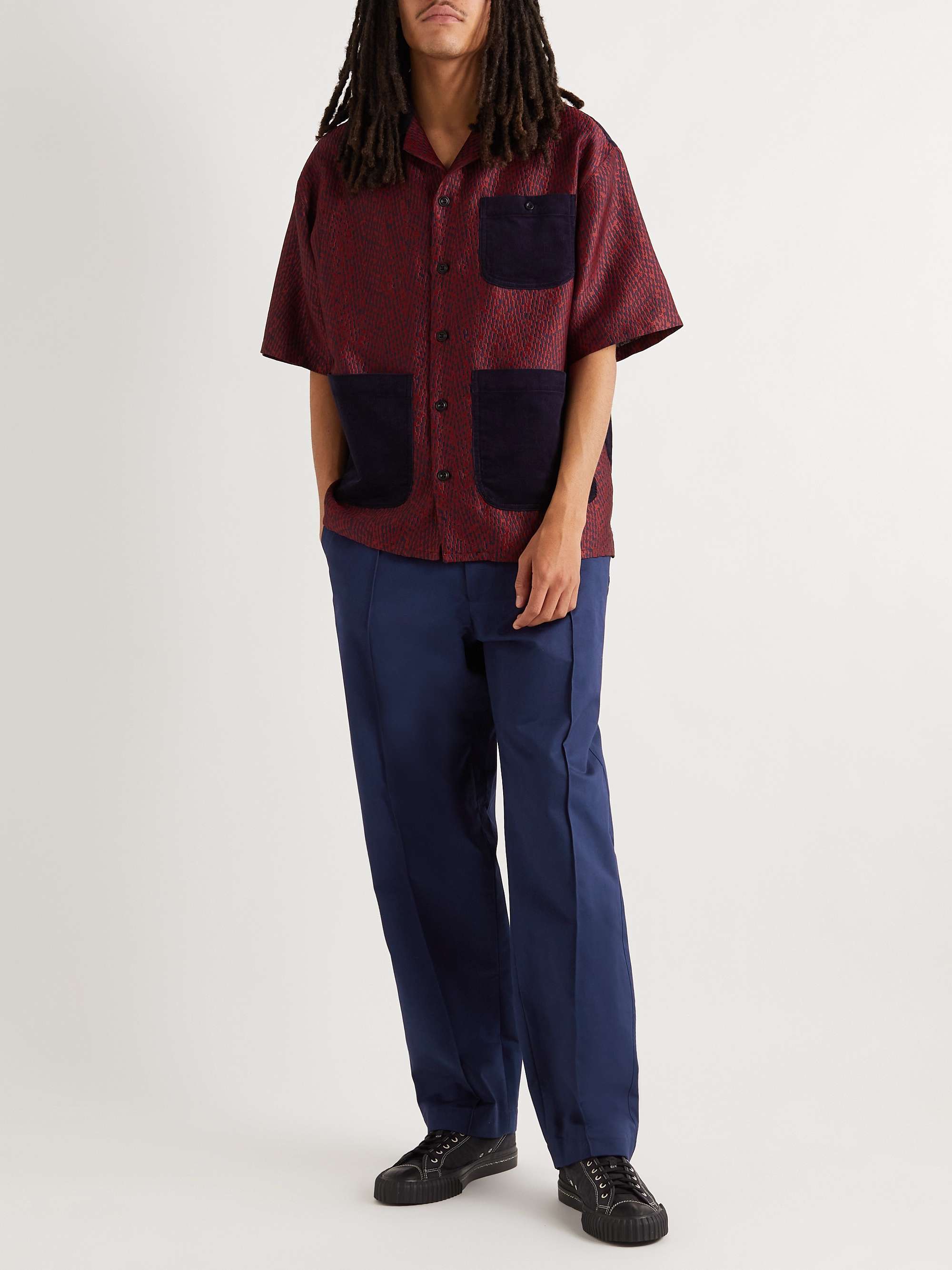 NICHOLAS DALEY Straight-Leg Pleated Jacquard-Trimmed Cotton-Twill Trousers
