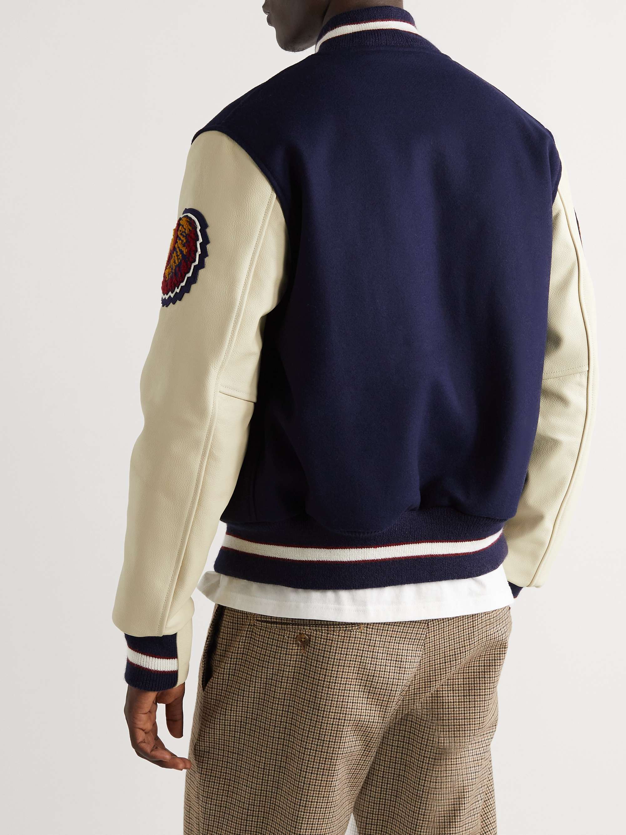 GOLDEN BEAR The Albany Ben Appliquéd Wool-Blend and Leather Bomber Jacket
