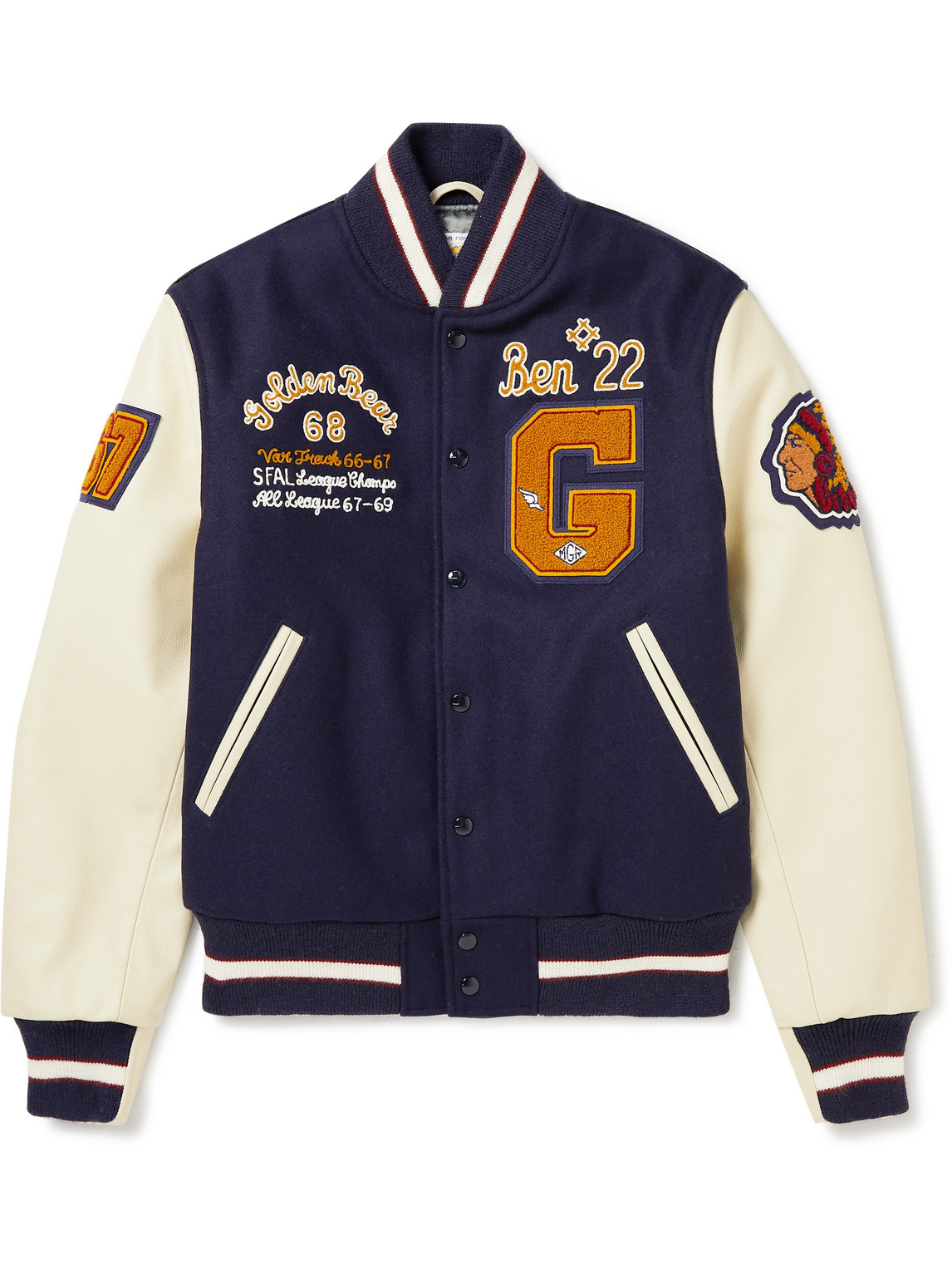 Golden Bear The Albany Ben Appliquéd Wool-blend And Leather Bomber Jacket In Blue