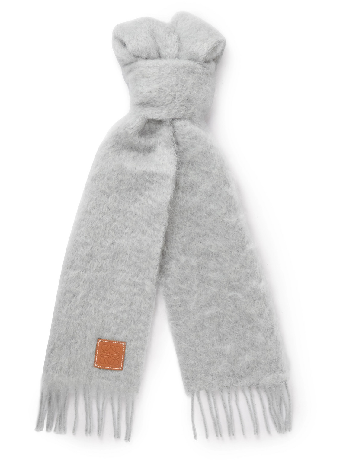 Shop Loewe Logo-appliquéd Fringed Mohair-blend Scarf In Gray