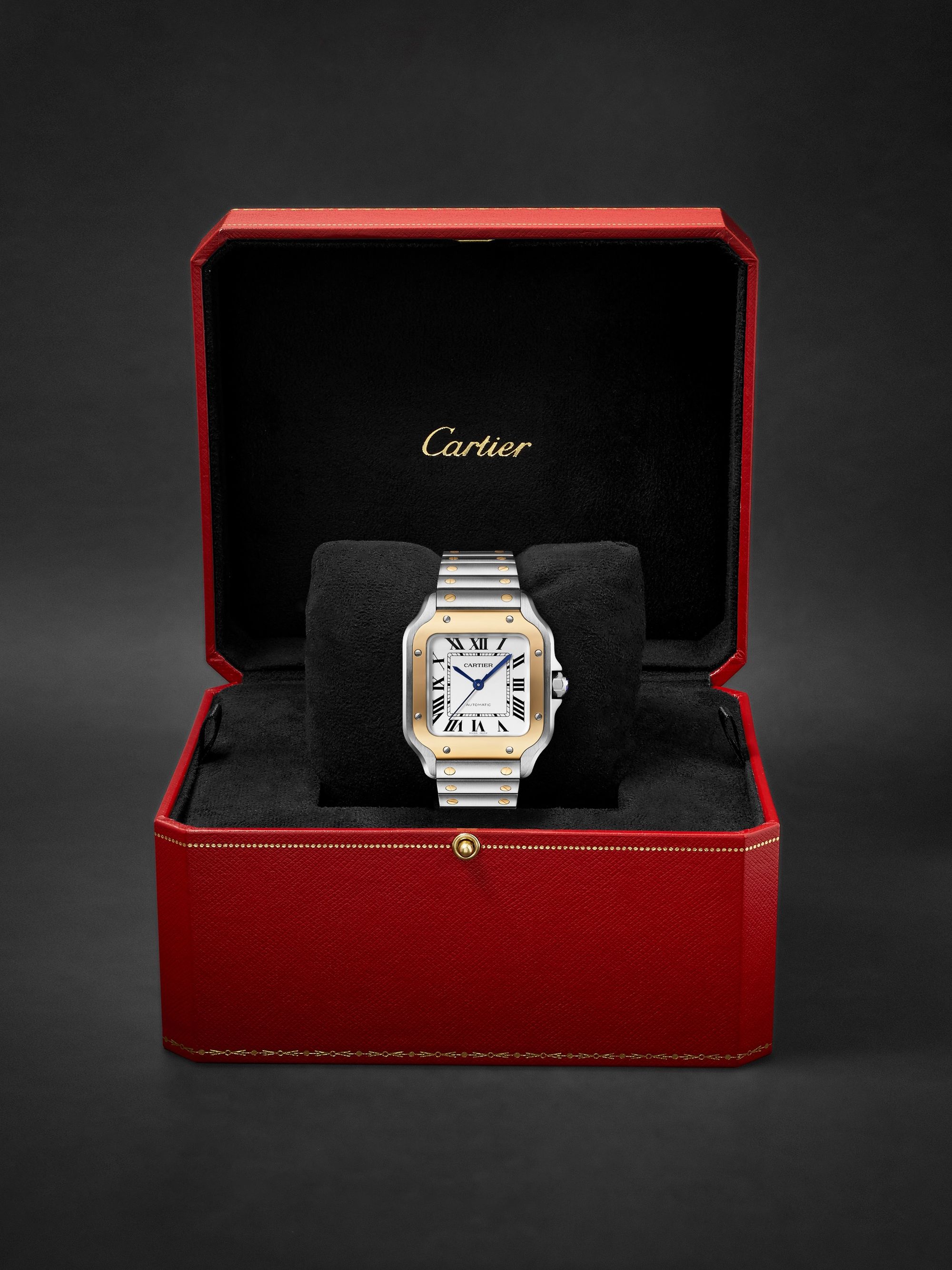 CARTIER Santos de Cartier Automatic 35.1mm Interchangeable 18-Karat Gold, Stainless Steel and Leather Watch, Ref. No. W2SA0016