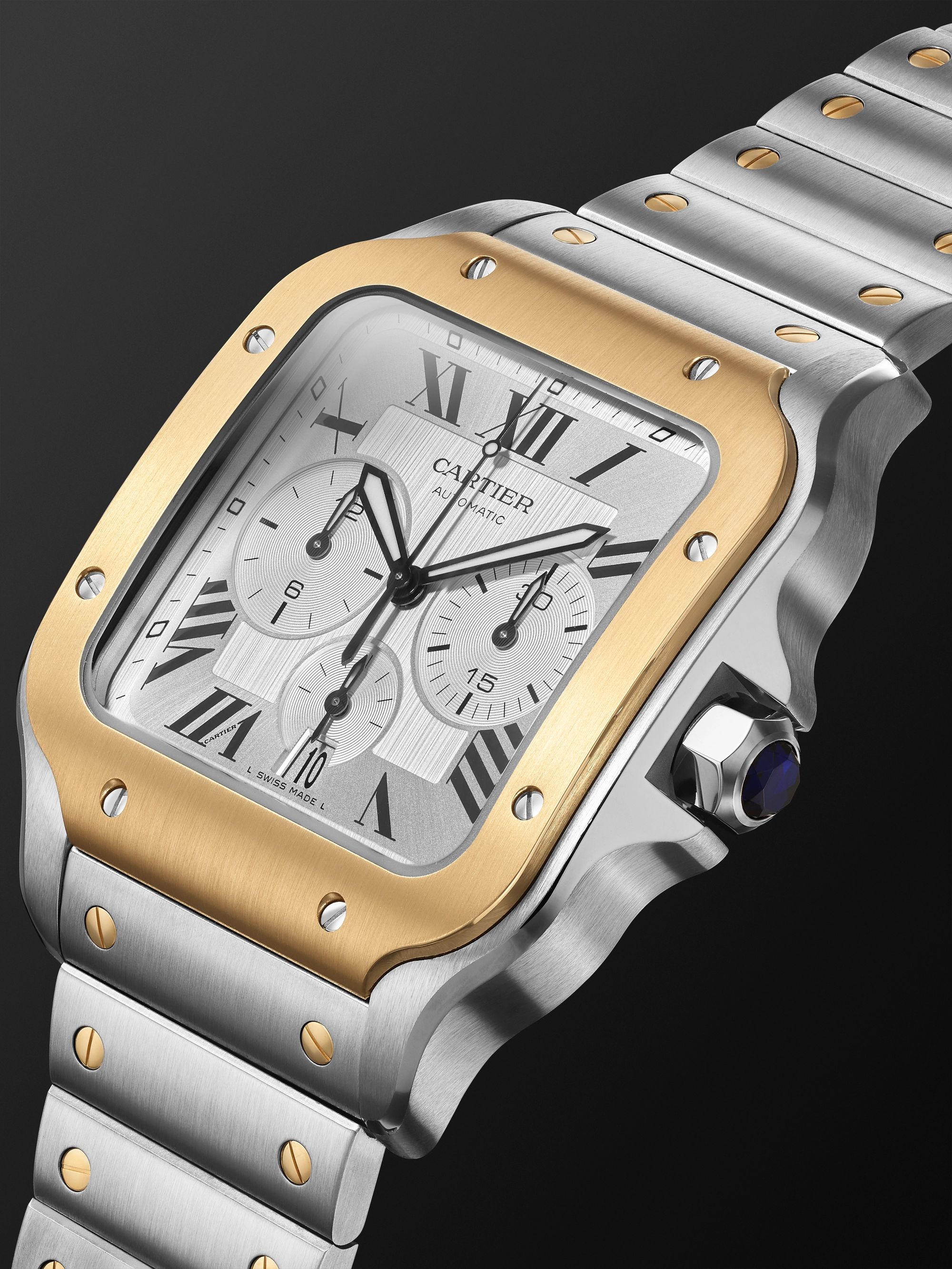 CARTIER Santos de Cartier Automatic Chronograph 43.3mm Interchangeable 18-Karat Gold, Stainless Steel and Rubber Watch, Ref. No. W2SA0008