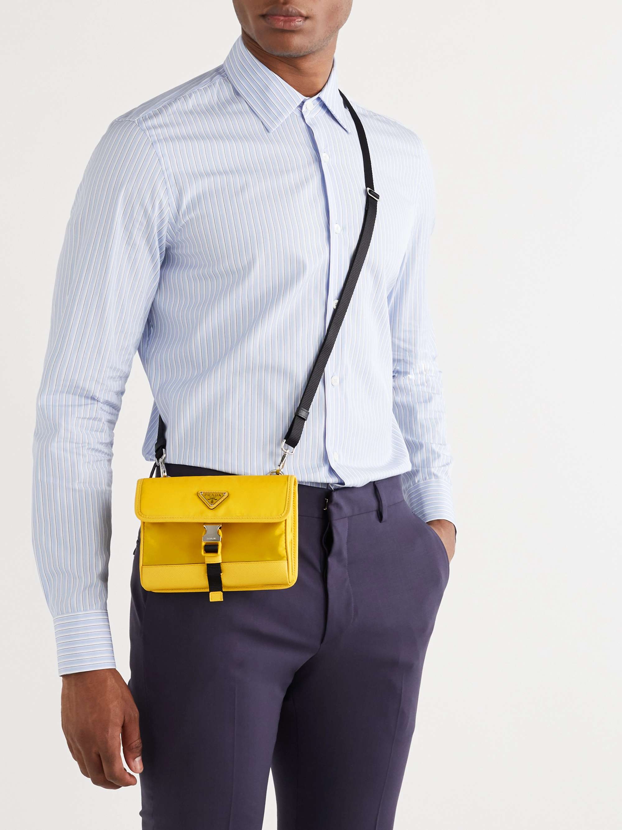 PRADA East To West Saffiano Leather-Trimmed Nylon Messenger Bag
