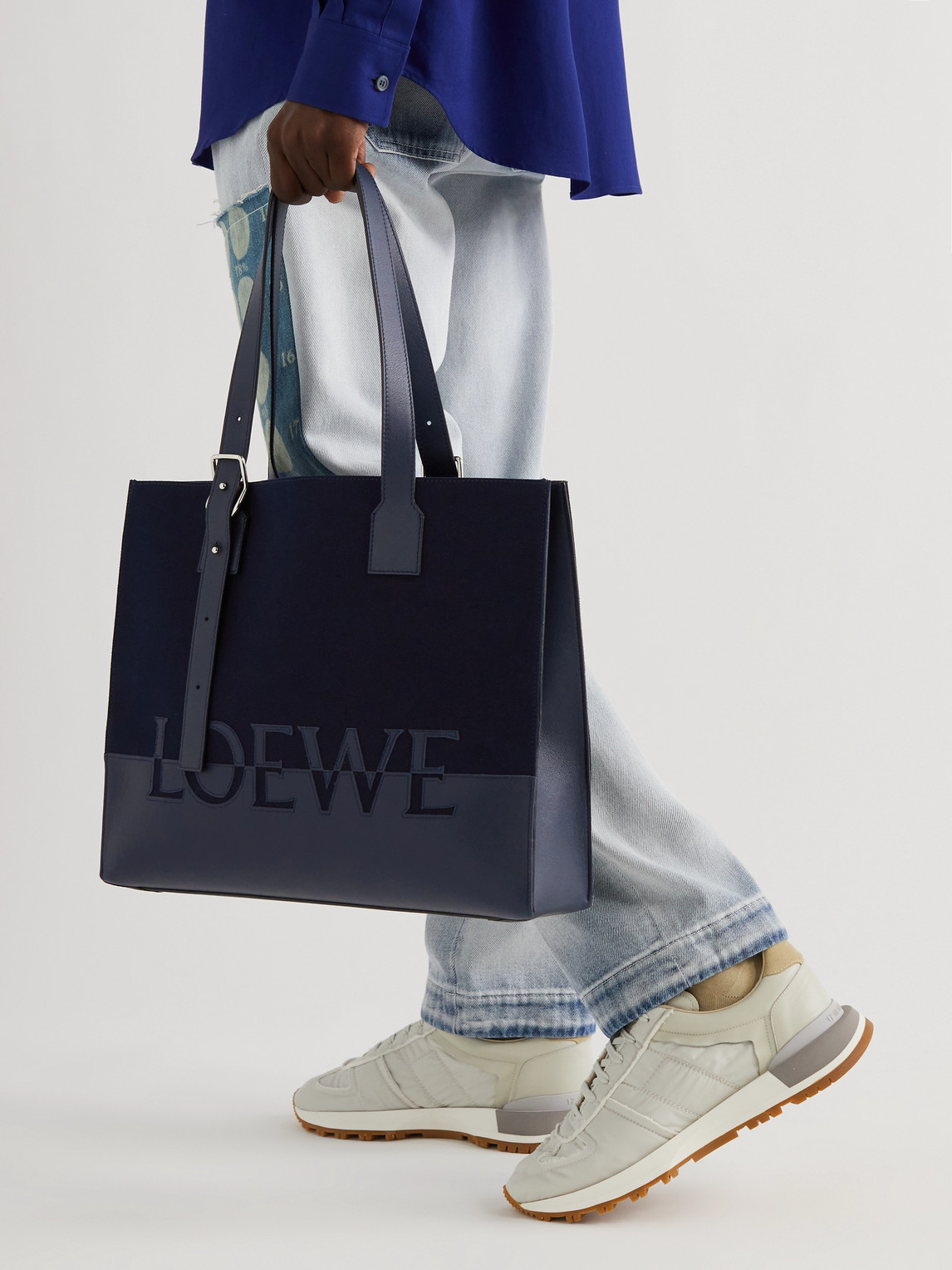 Shop Loewe Leather-trimmed Canvas Tote Bag In Blue