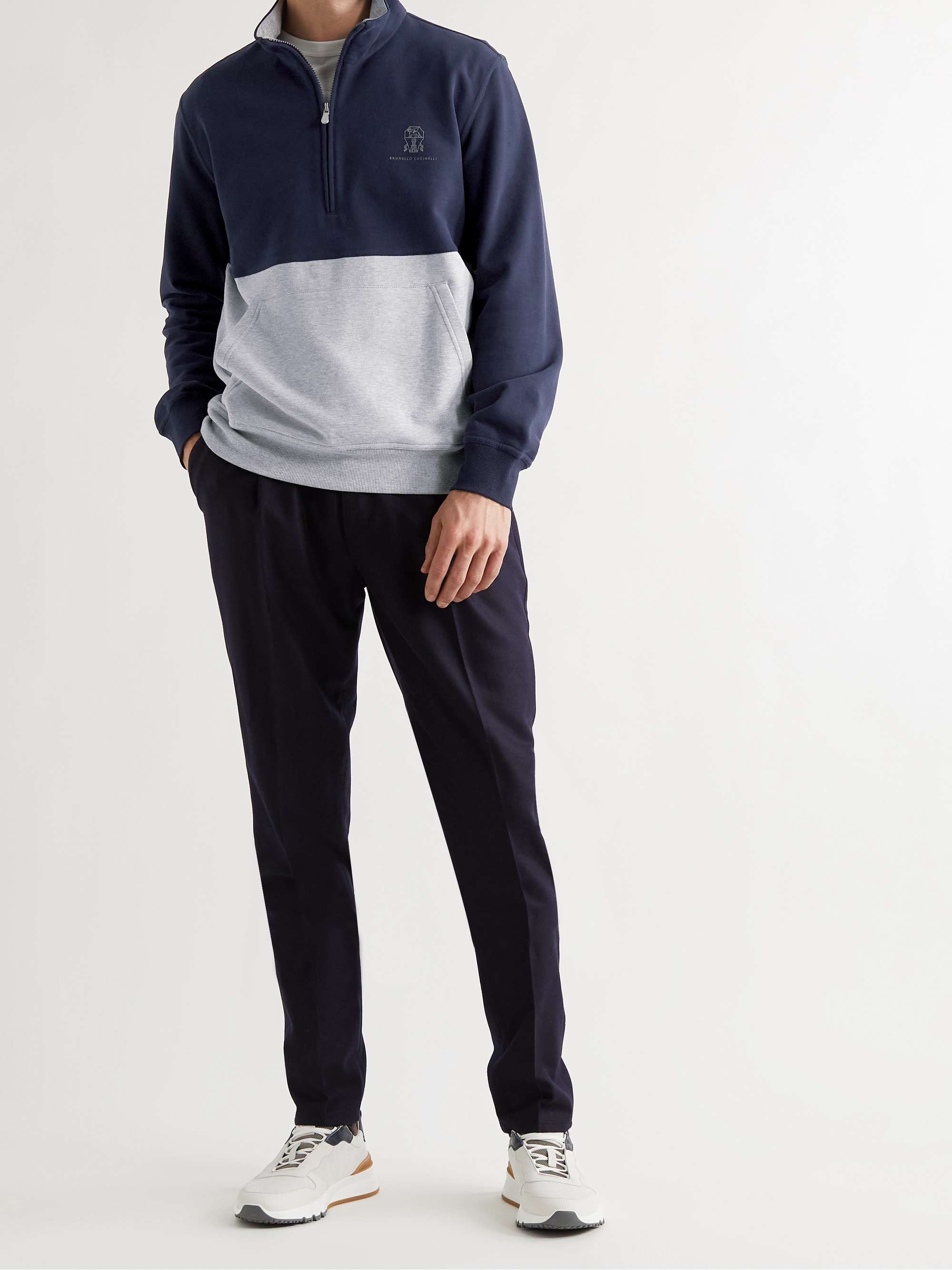 BRUNELLO CUCINELLI Logo-Print Two-Tone Cotton-Jersey Half-Zip Sweatshirt