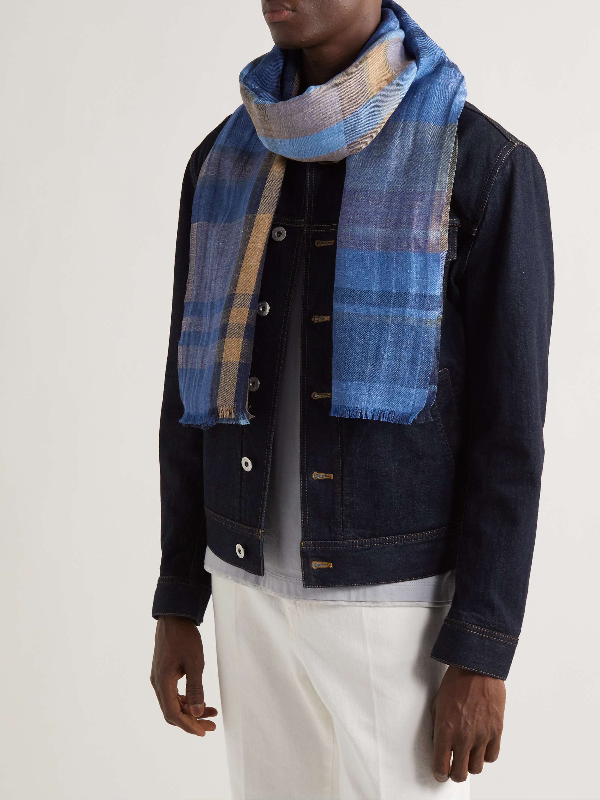 LORO PIANA Fringed Checked Linen, Wool and Silk-Blend Scarf