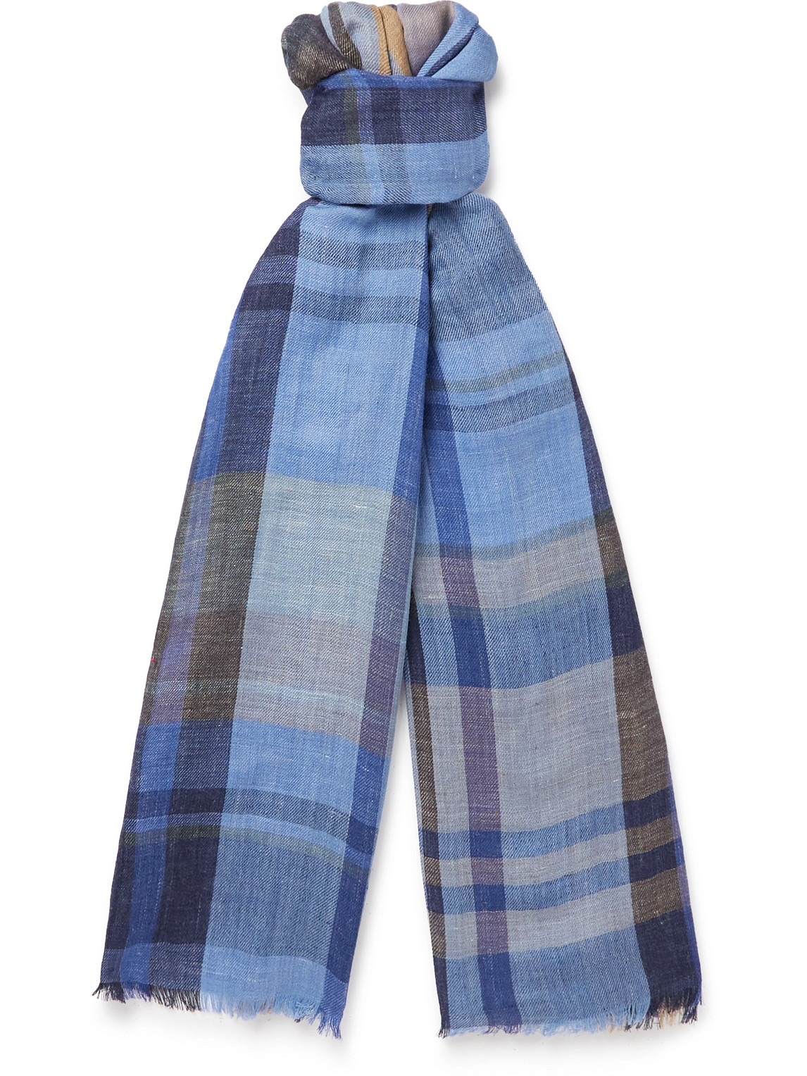LORO PIANA FRINGED CHECKED LINEN, WOOL AND SILK-BLEND SCARF