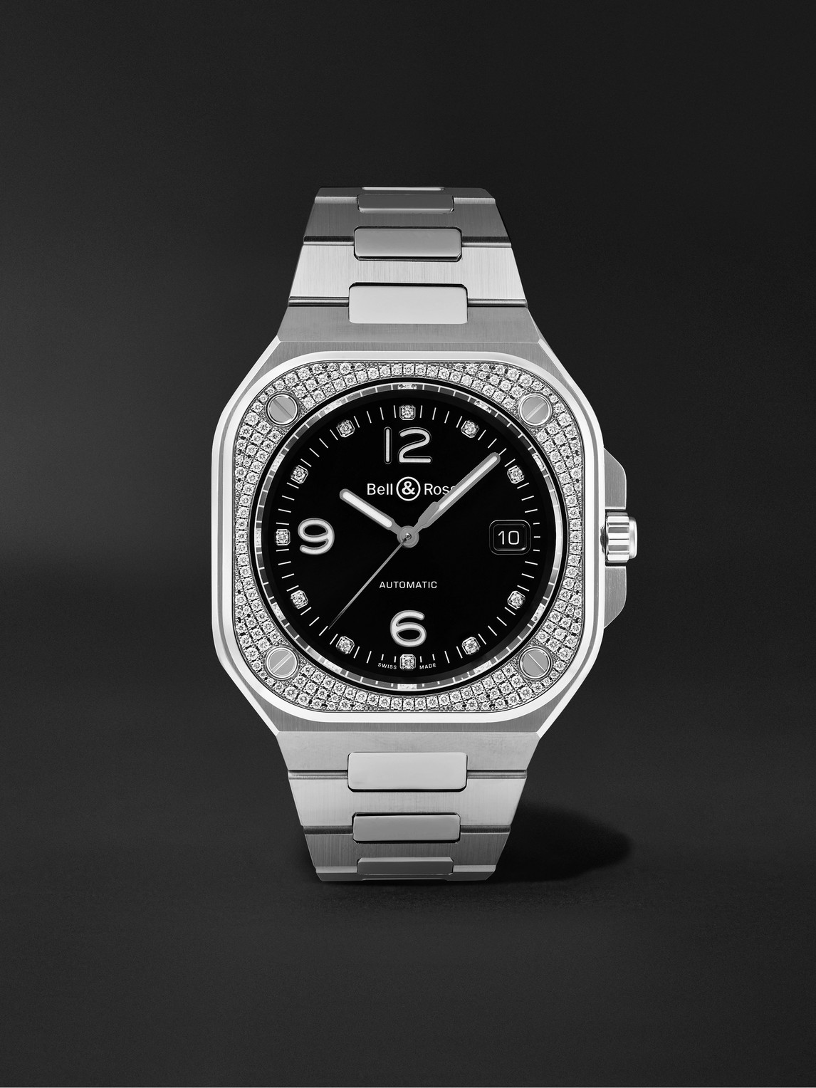Bell & Ross Br 05 Automatic 40mm Stainless Steel And Diamond Watch, Ref. No. Br05a-bl-stfld/sst In Black