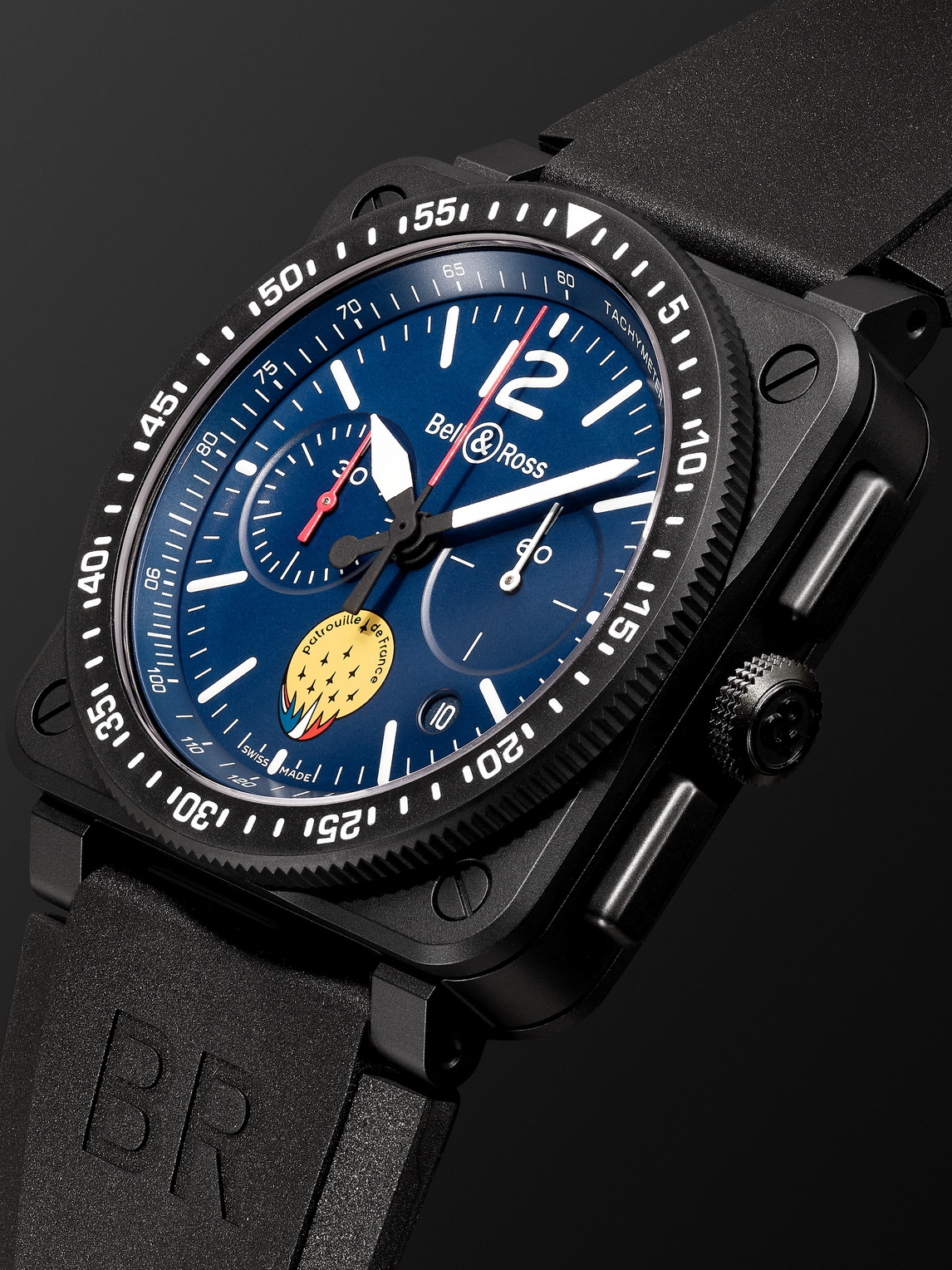 Shop Bell & Ross Br 03-94 Patrouille De France Limited Edition Chronograph Ceramic And Rubber Watch, Ref. No. Br0394- In Blue