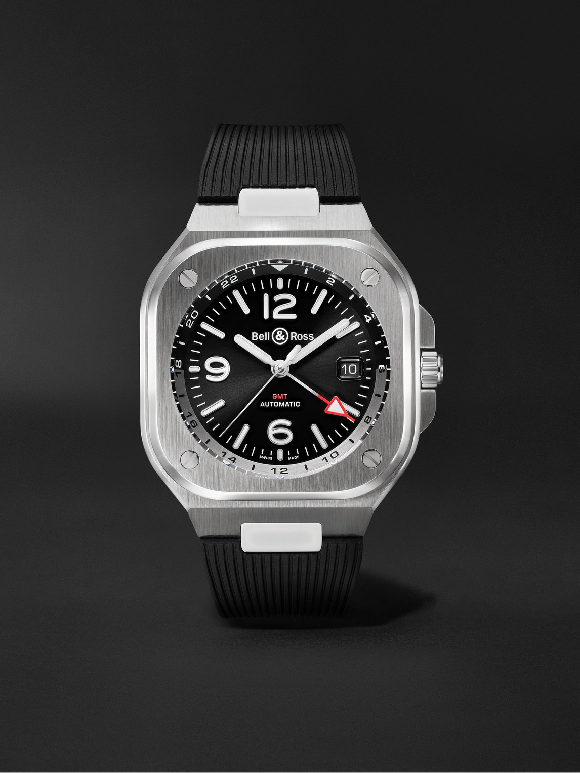 Bell & Ross Br 05 Automatic Gmt 41mm Stainless Steel And Rubber Watch, Ref. No. Br05g-bl-st/srb In Black