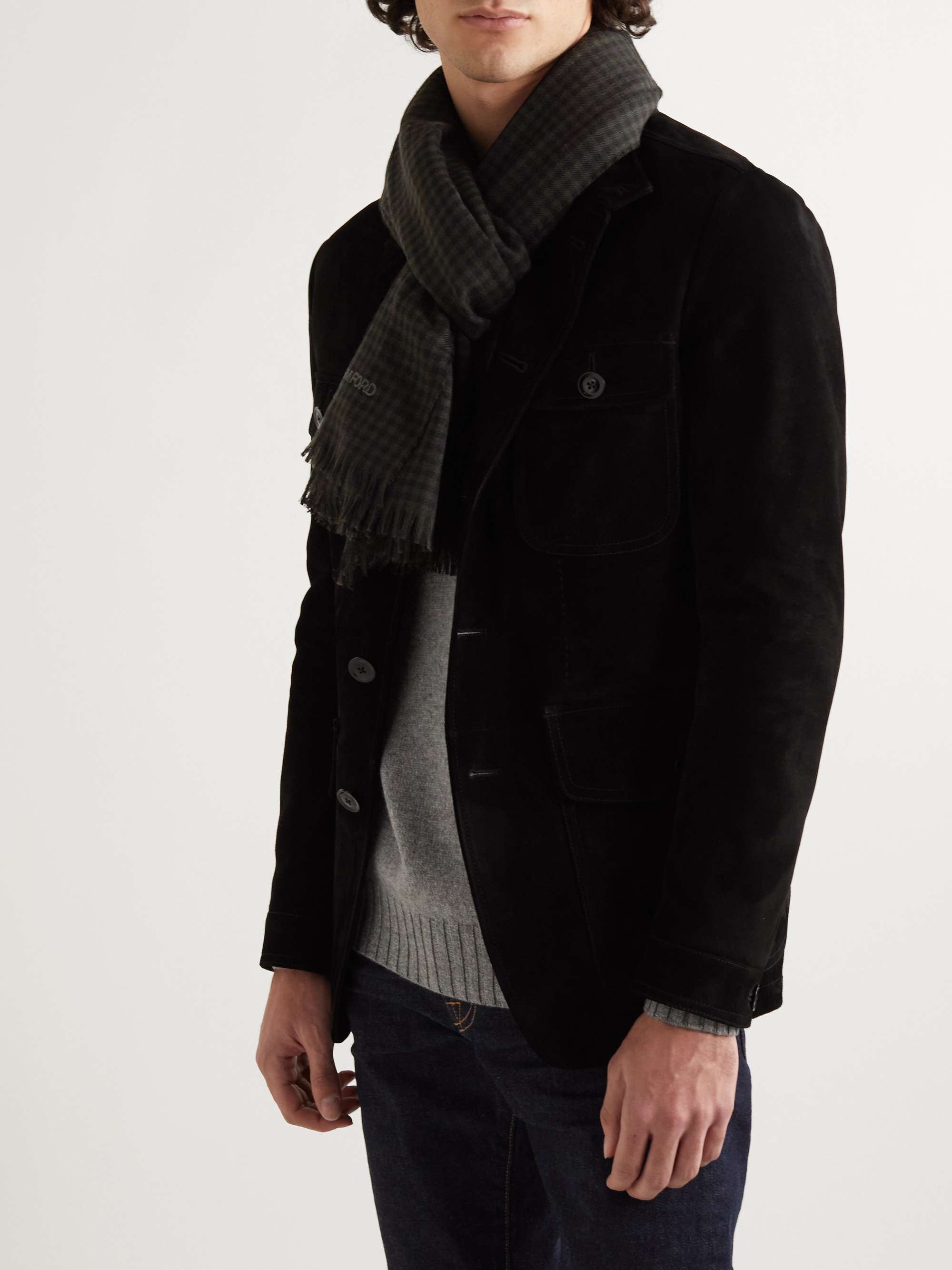 TOM FORD Fringed Logo-Embroidered Checked Wool-Jacquard Scarf