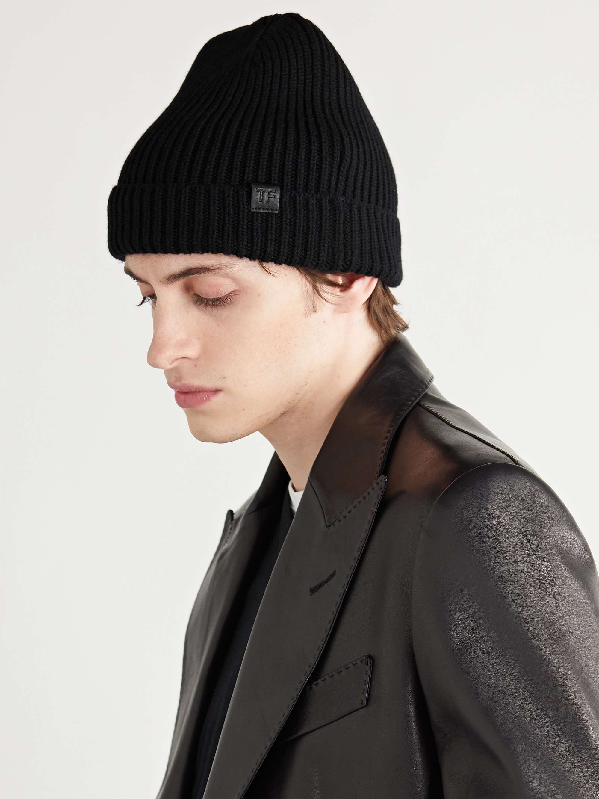 TOM FORD Leather-Trimmed Ribbed Cashmere Beanie