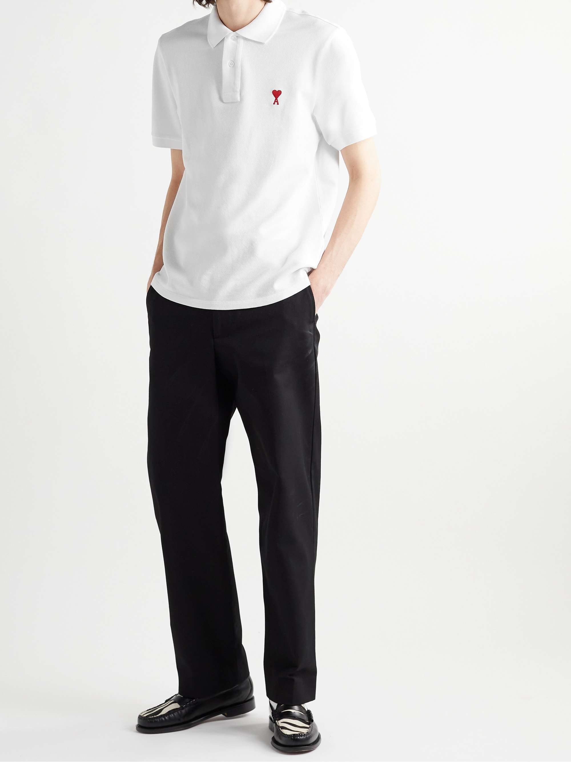 AMI PARIS Logo-Embroidered Cotton-Piqué Polo Shirt