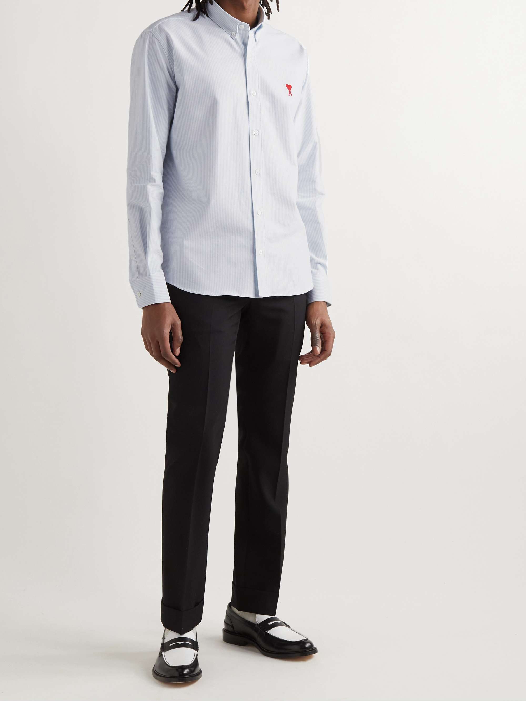 AMI PARIS Button-Down Collar Logo-Embroidered Striped Organic Cotton Oxford Shirt