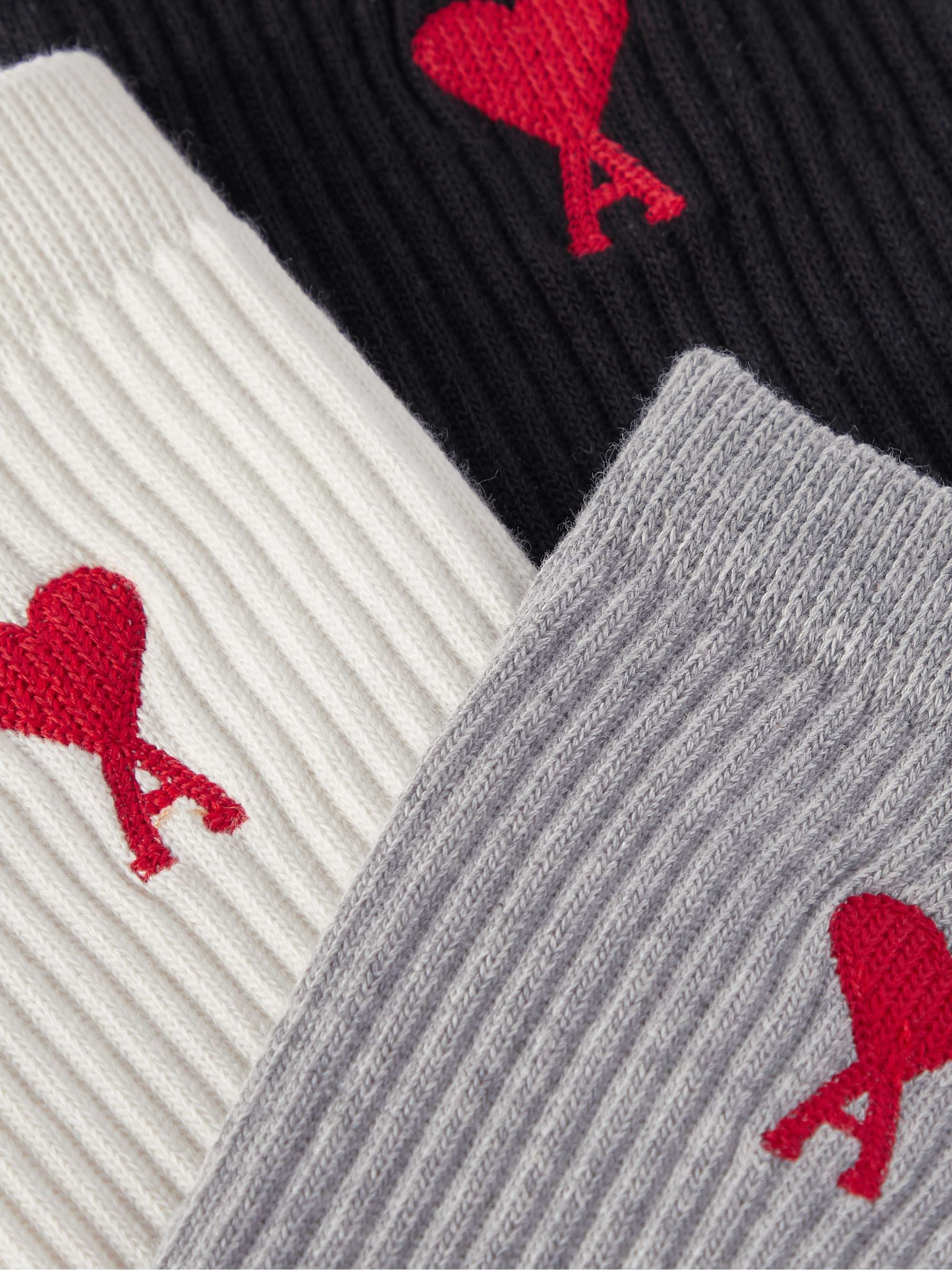 AMI PARIS Three-Pack Logo-Embroidered Ribbed Organic Cotton-Blend Socks