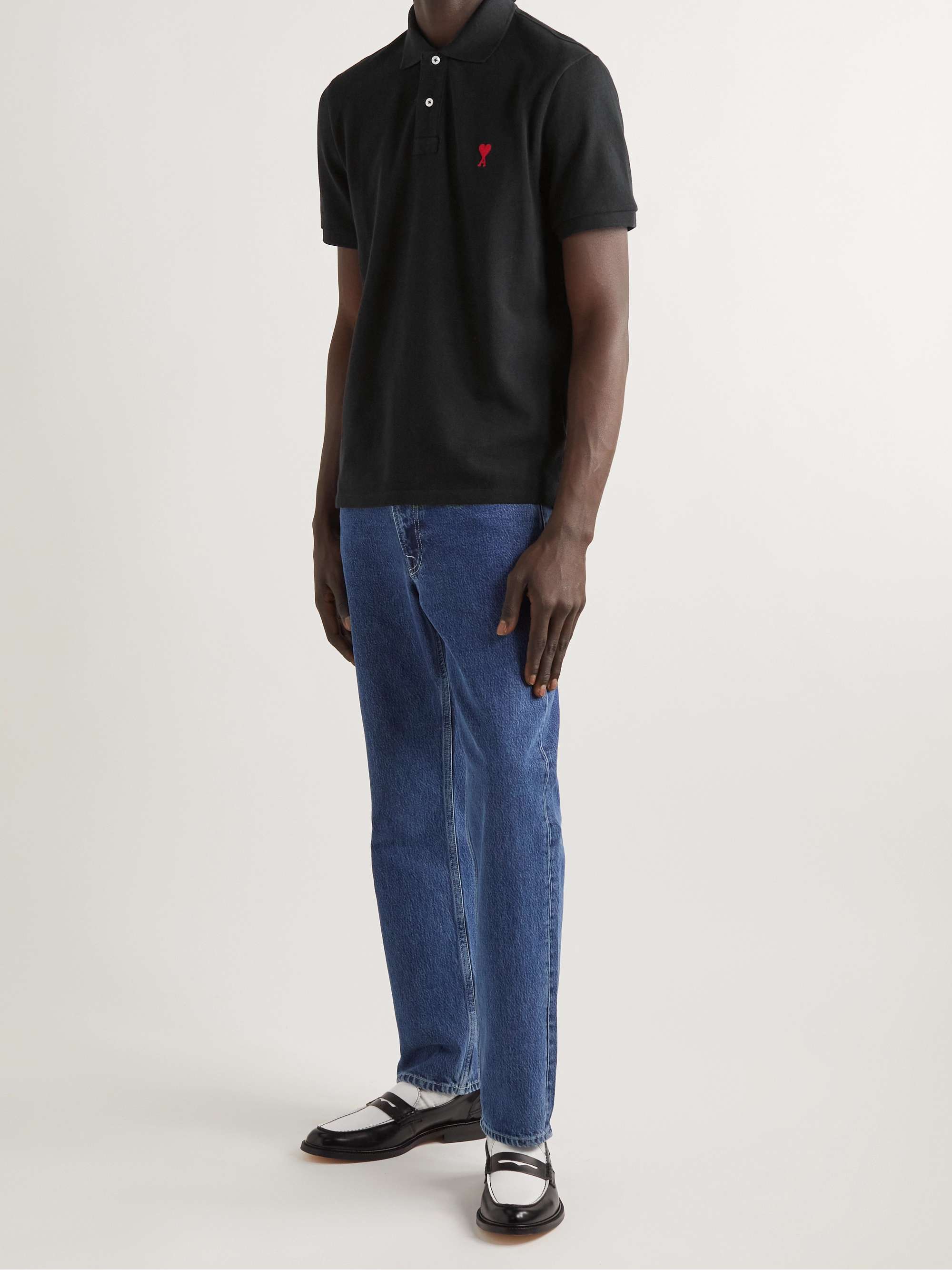 AMI PARIS Logo-Embroidered Cotton-Piqué Polo Shirt