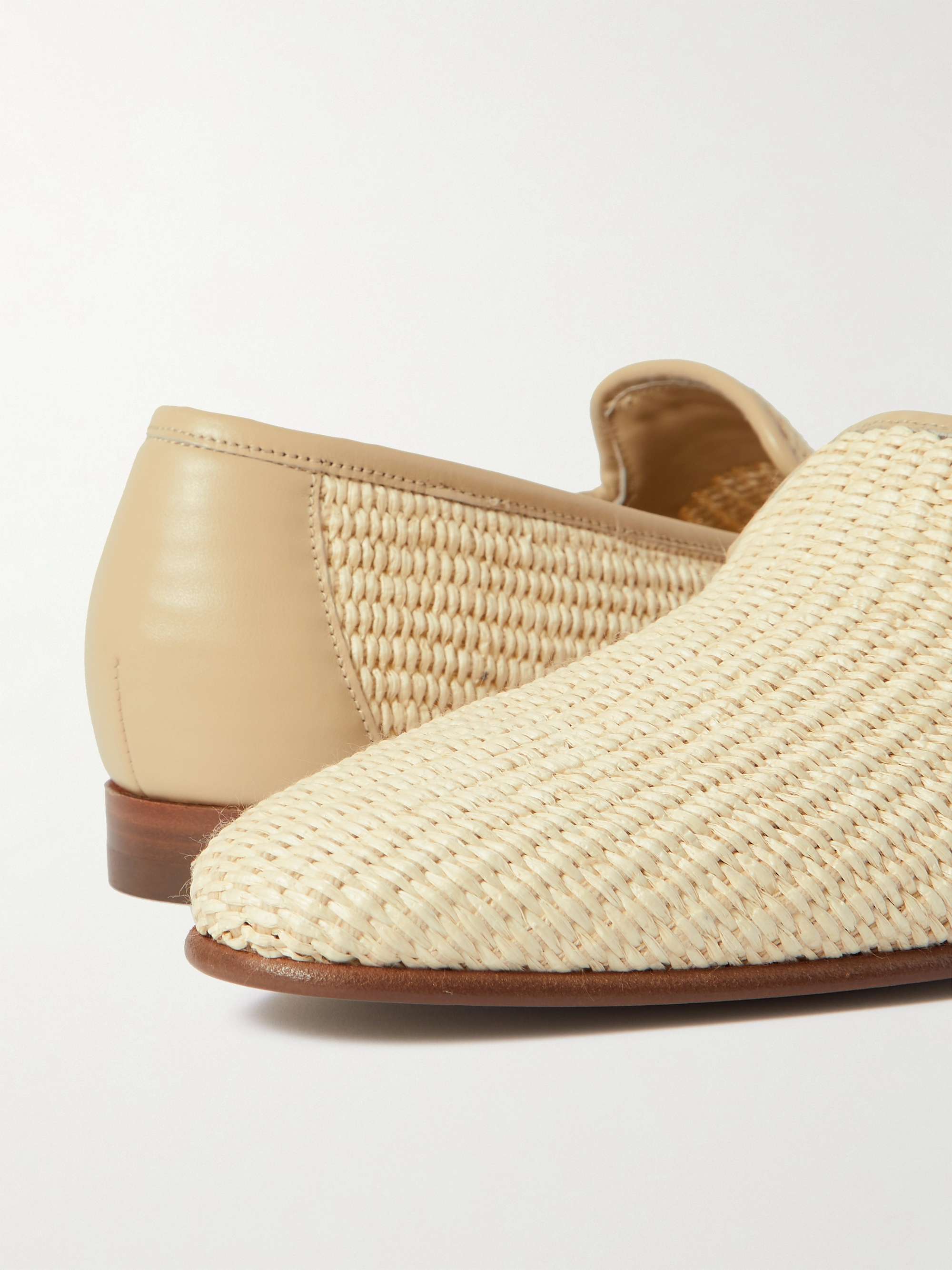 MANOLO BLAHNIK Mario Leather-Trimmed Raffia Loafers