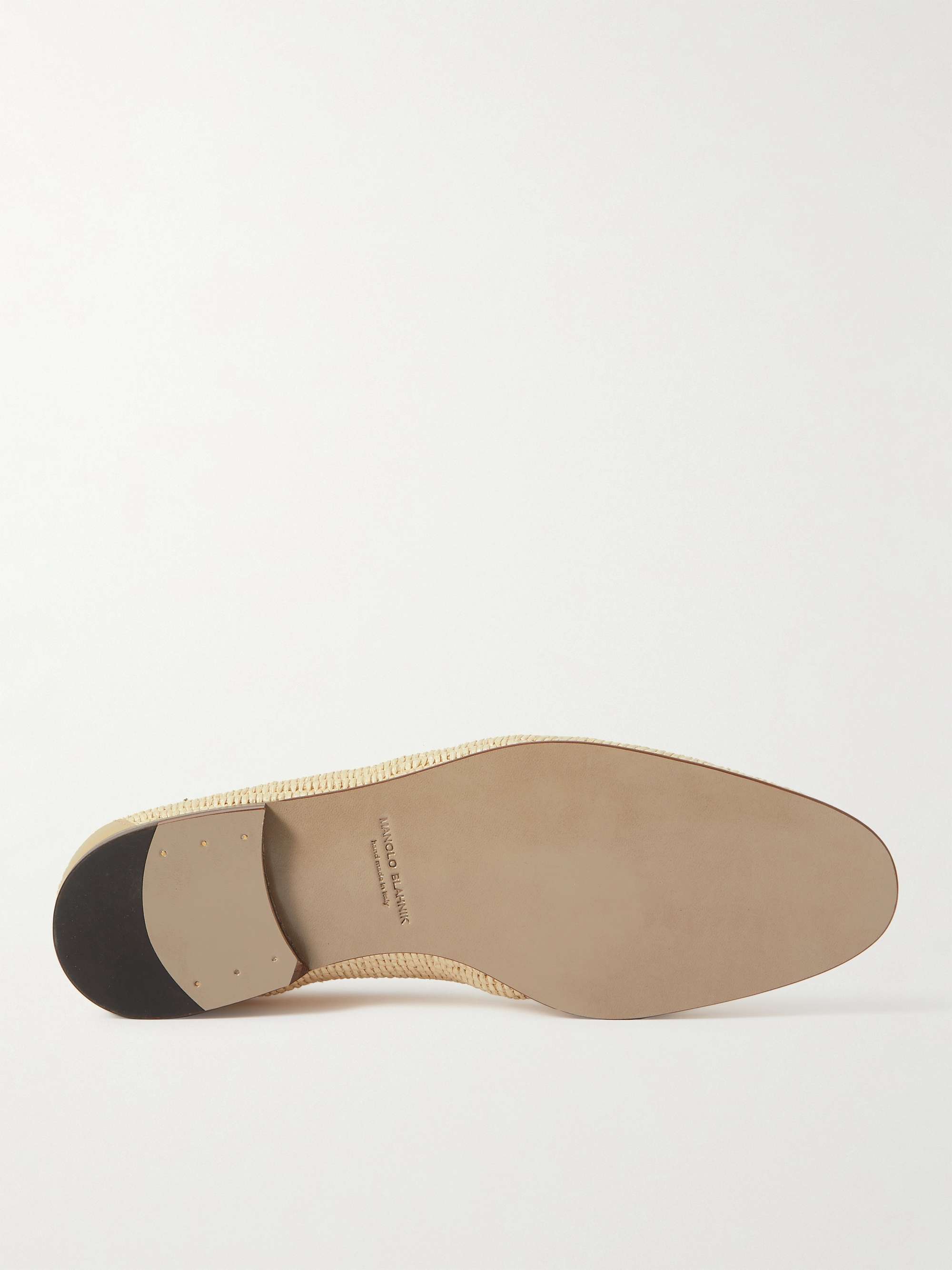 MANOLO BLAHNIK Mario Leather-Trimmed Raffia Loafers