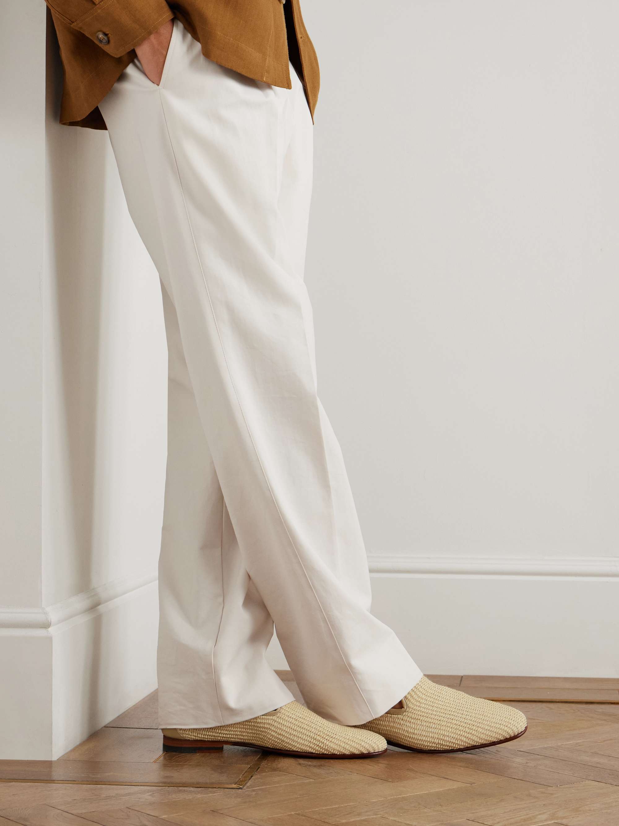 MANOLO BLAHNIK Mario Leather-Trimmed Raffia Loafers
