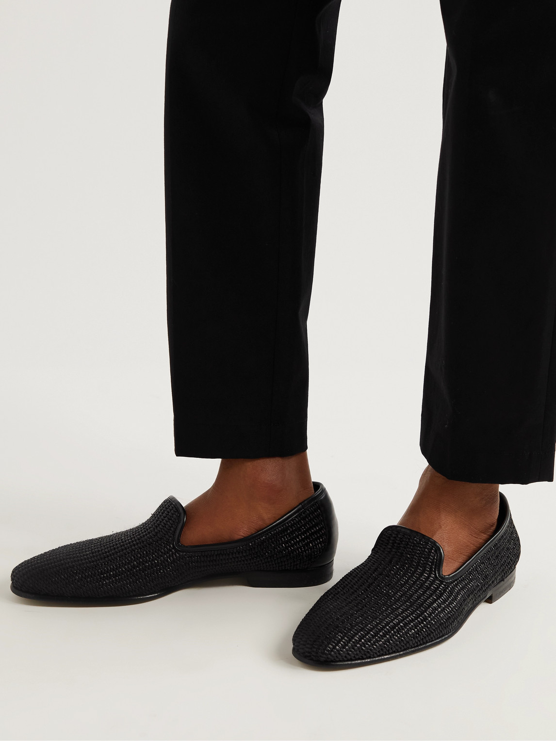Shop Manolo Blahnik Mario Leather-trimmed Raffia Loafers In Black