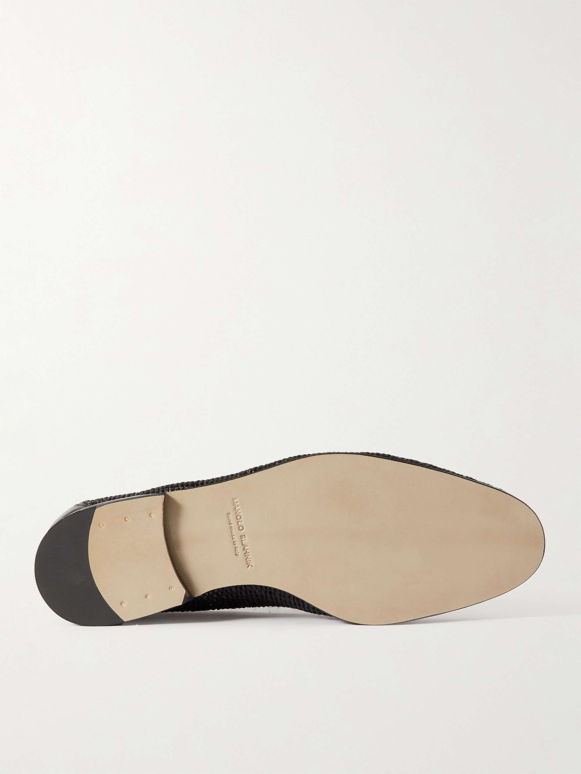 MANOLO BLAHNIK Mario Leather-Trimmed Raffia Loafers