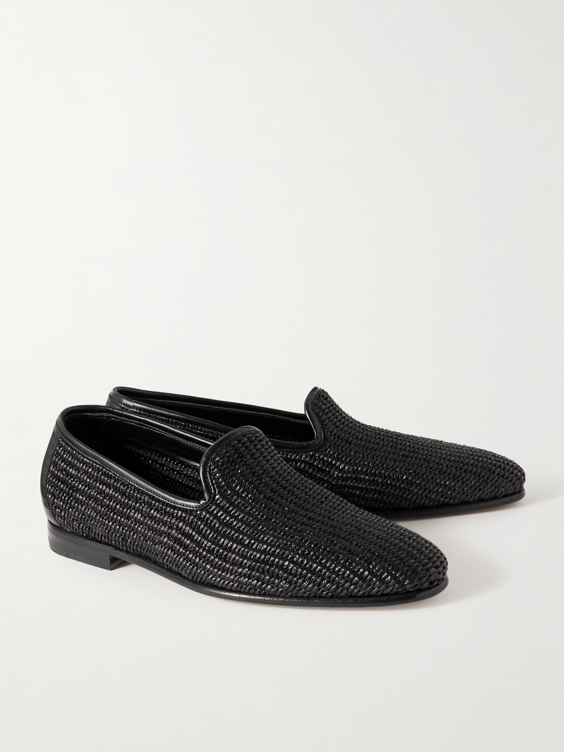 Mario Leather-Trimmed Raffia Loafers