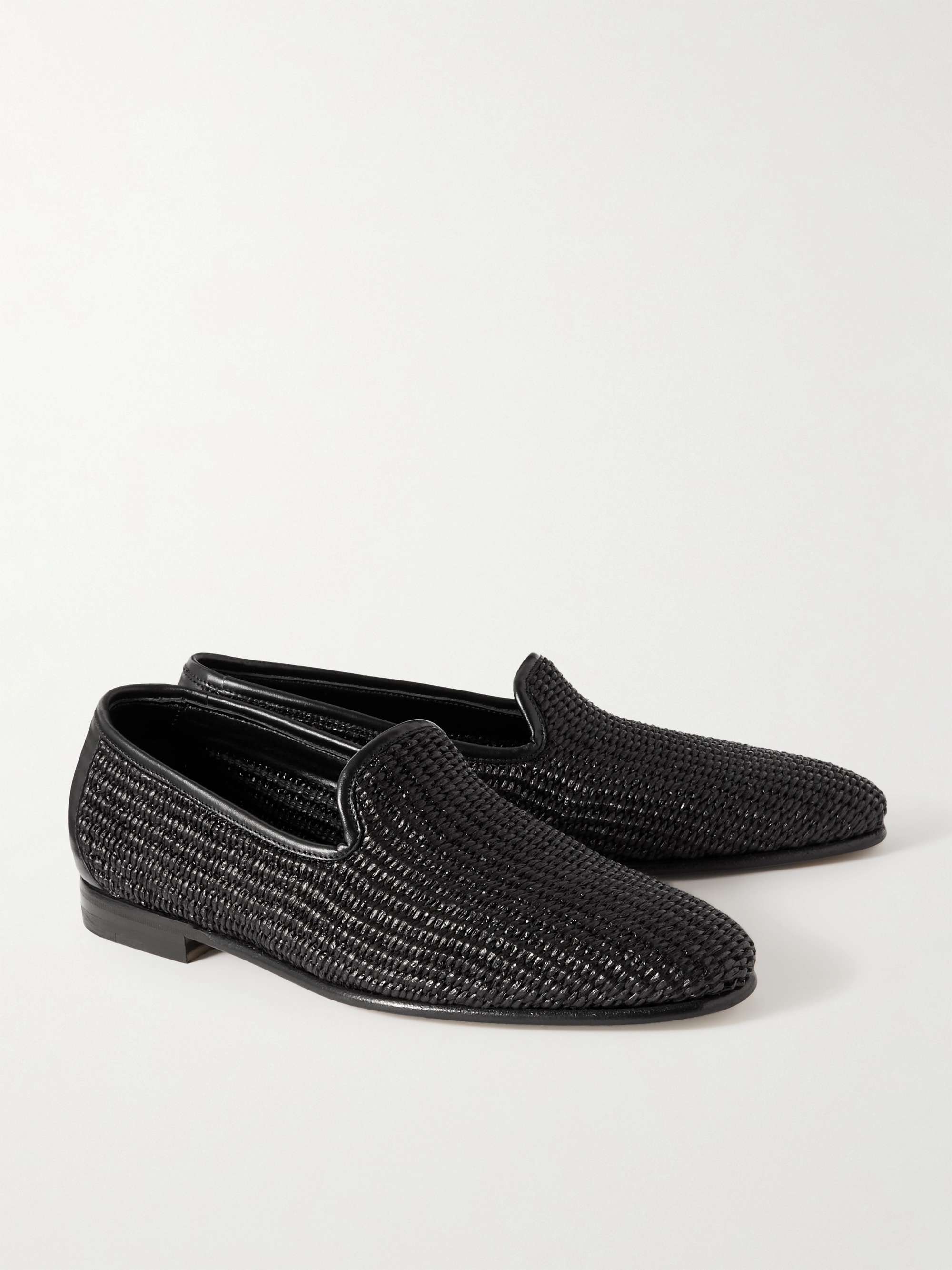 MANOLO BLAHNIK Mario Leather-Trimmed Raffia Loafers