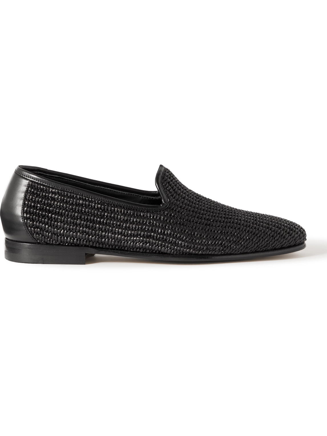 Manolo Blahnik Mario Leather-trimmed Raffia Loafers In Black
