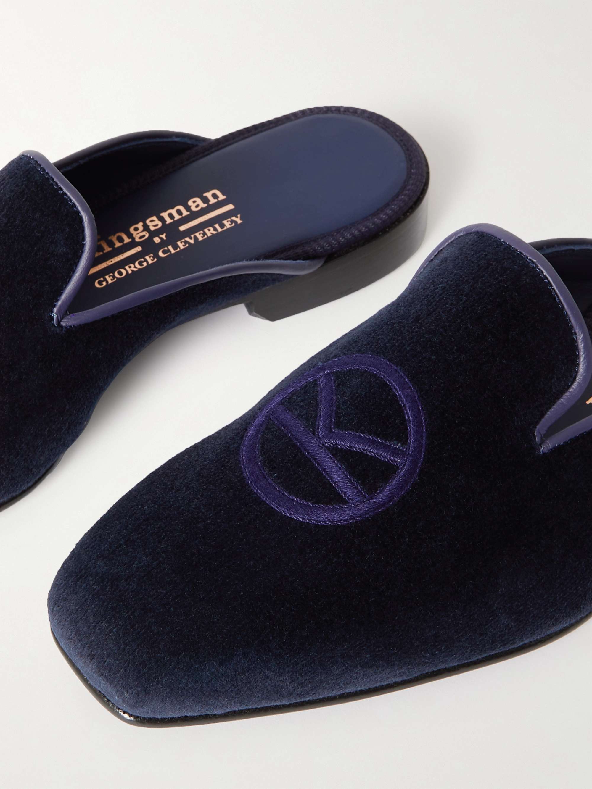 KINGSMAN + George Cleverley Logo-Embroidered Velvet Backless Loafers