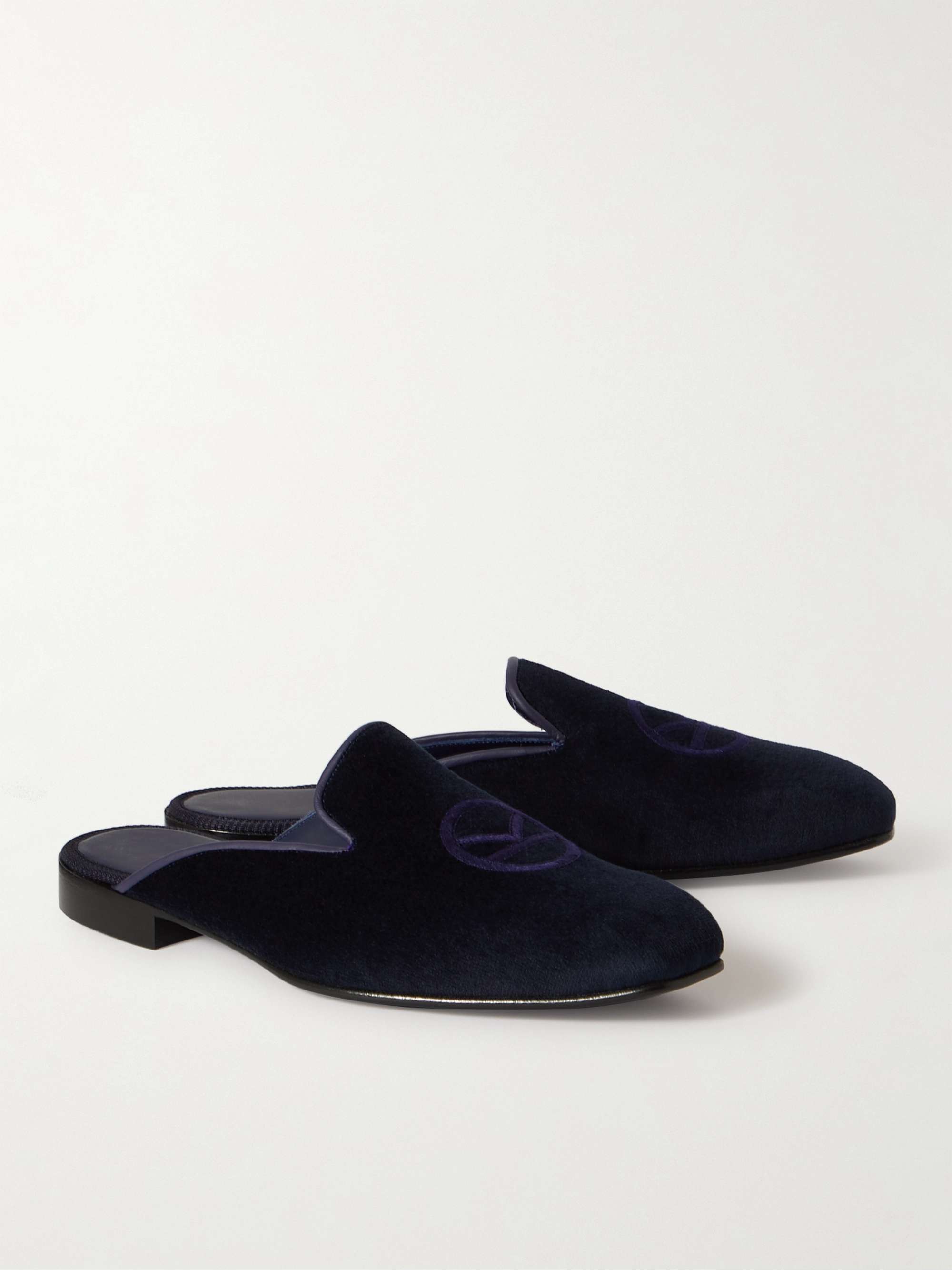 KINGSMAN + George Cleverley Logo-Embroidered Velvet Backless Loafers