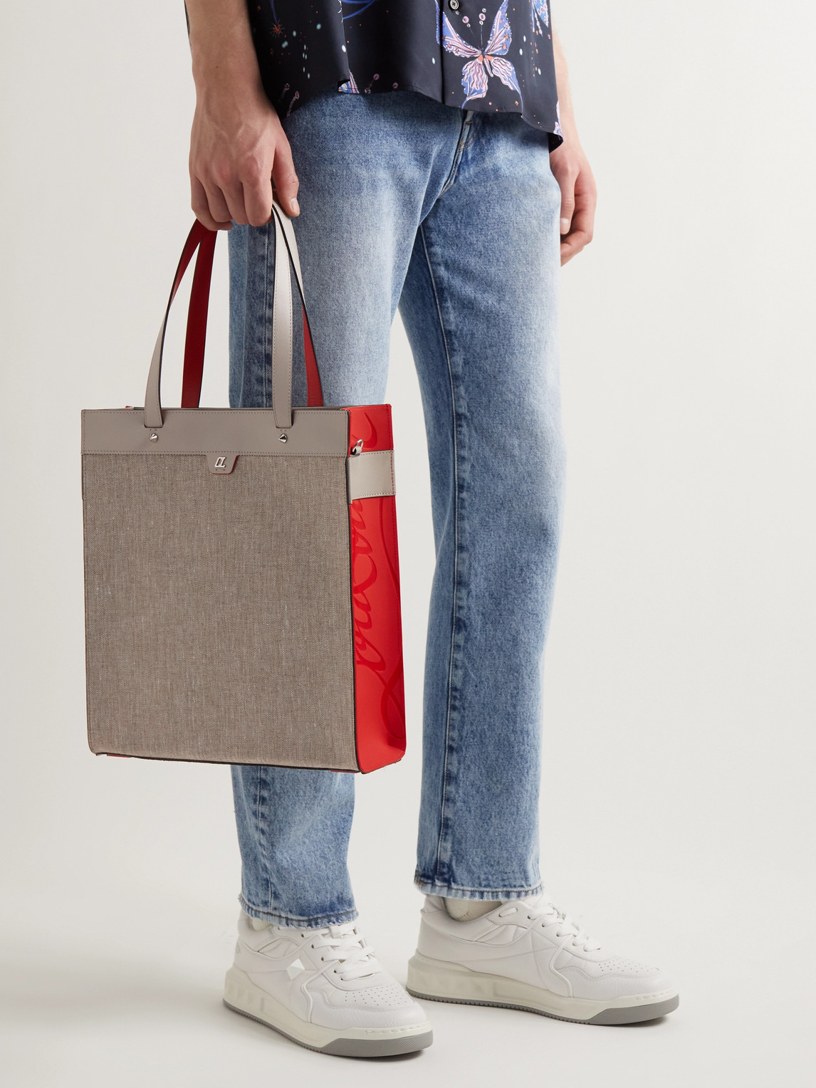 Shop Christian Louboutin Logo-embossed Canvas And Leather Tote Bag In Neutrals