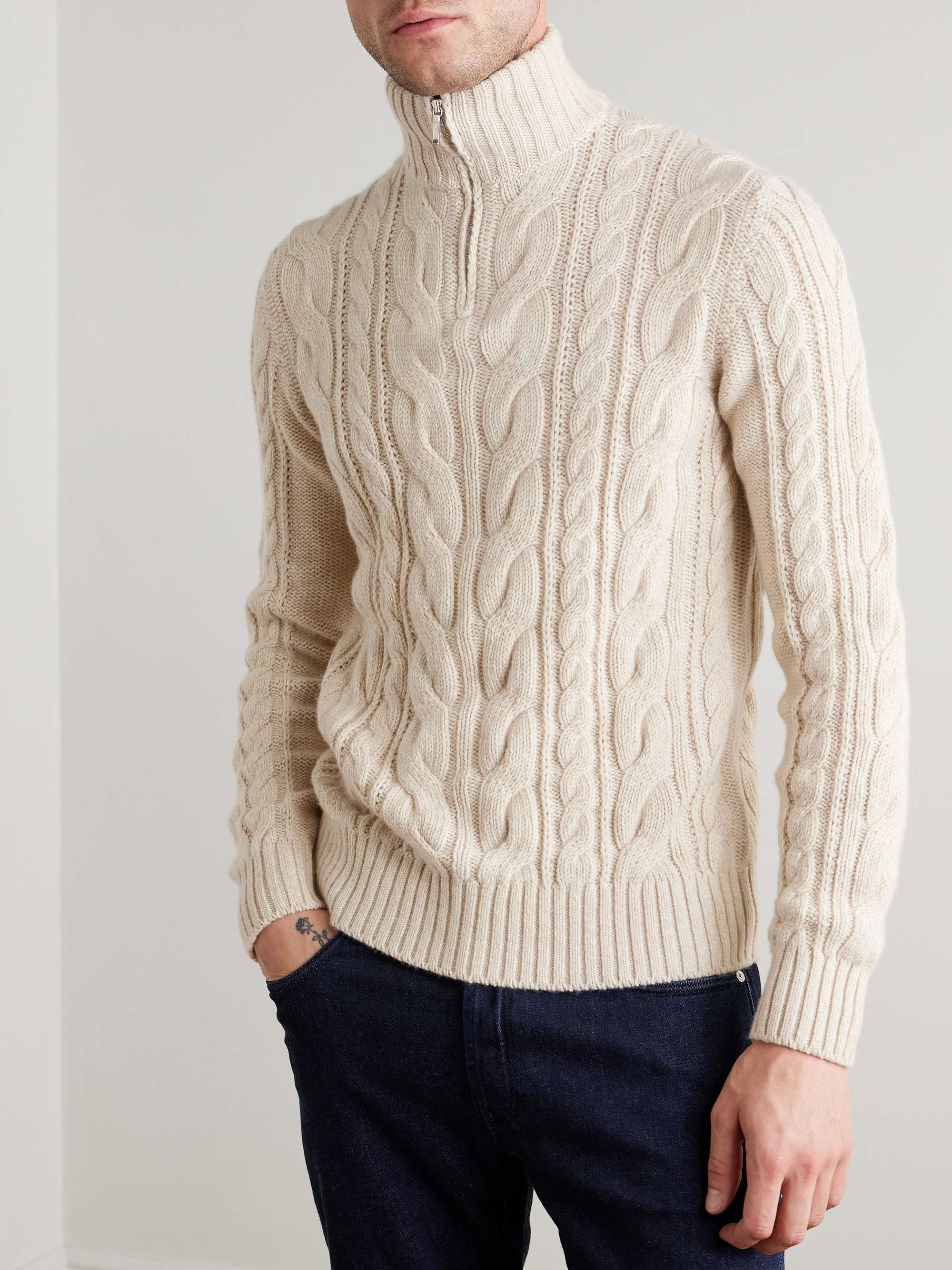 LORO PIANA Cable-Knit Baby Cashmere Half-Zip Sweater