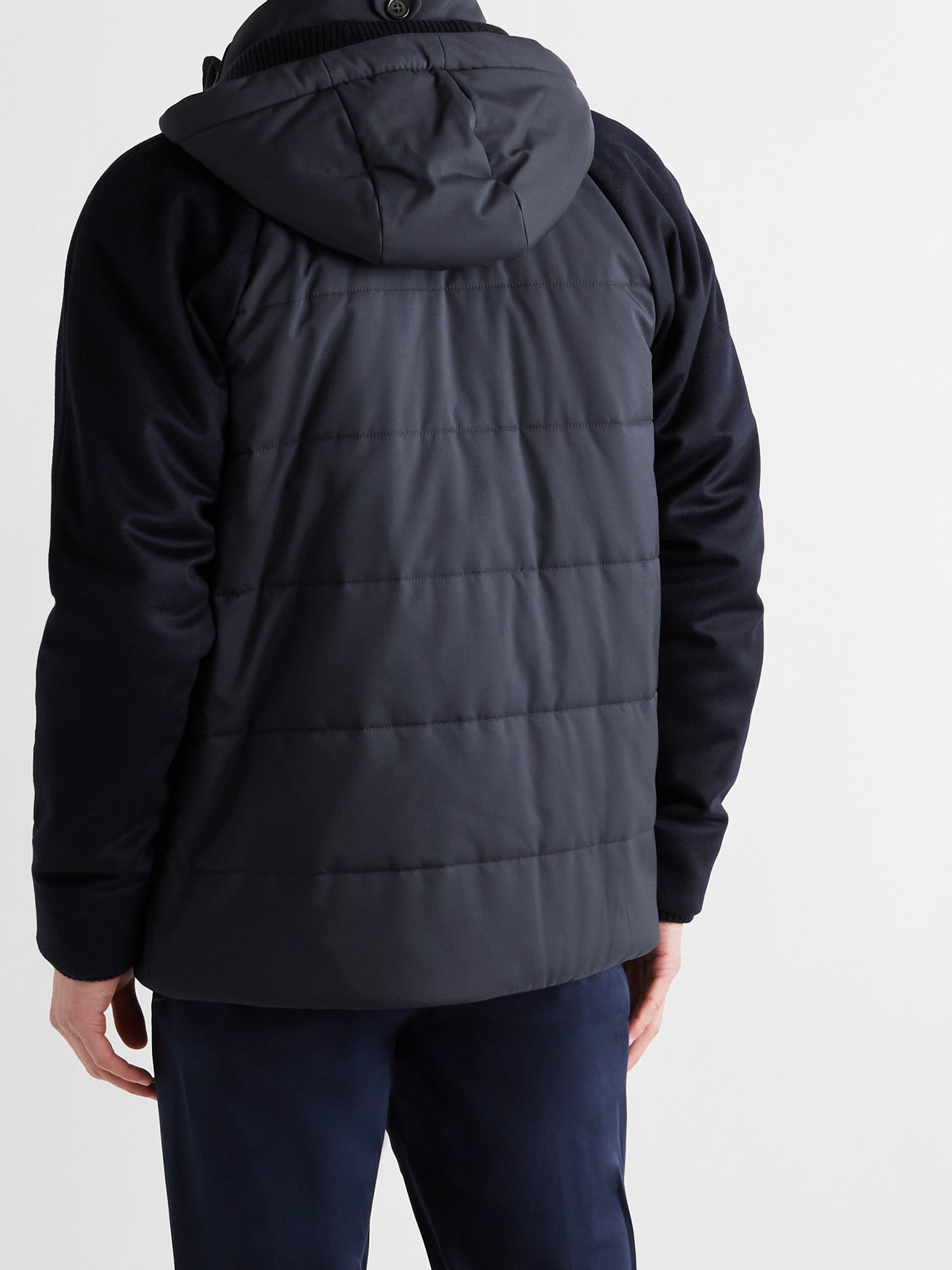 Loro Piana Cashmere-trimmed Quilted Softshell Hooded Jacket In Blue