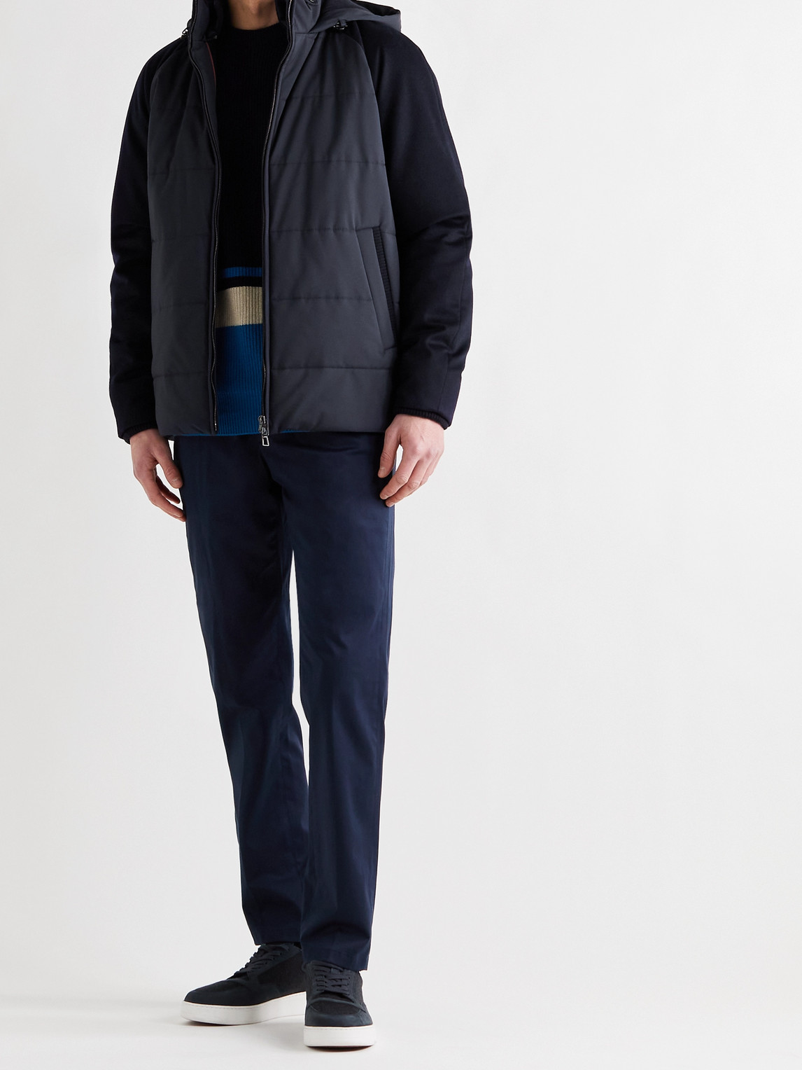 Loro Piana Cashmere-trimmed Quilted Softshell Hooded Jacket In Blue