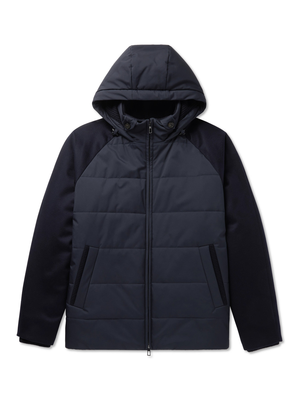 Loro Piana Cashmere-trimmed Quilted Softshell Hooded Jacket In Blue
