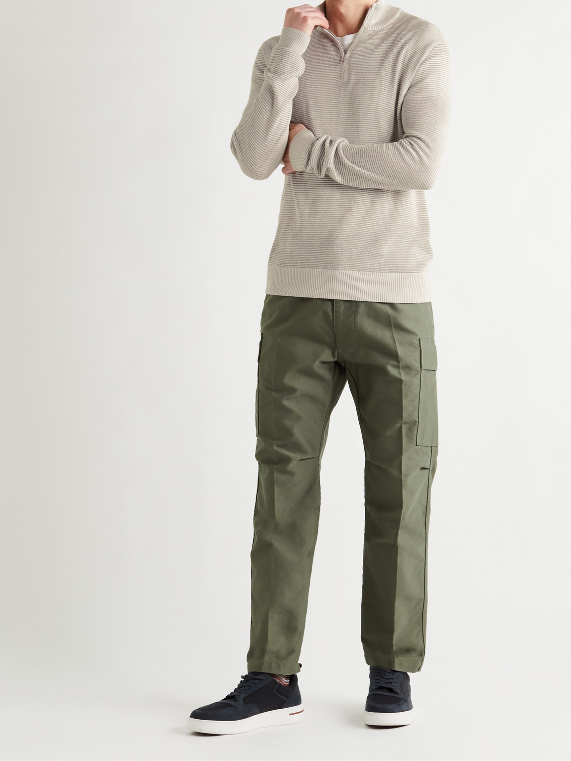 Loro Piana Slim-fit Ribbed Silk, Cashmere And Linen-blend Half-zip Sweater In Gray