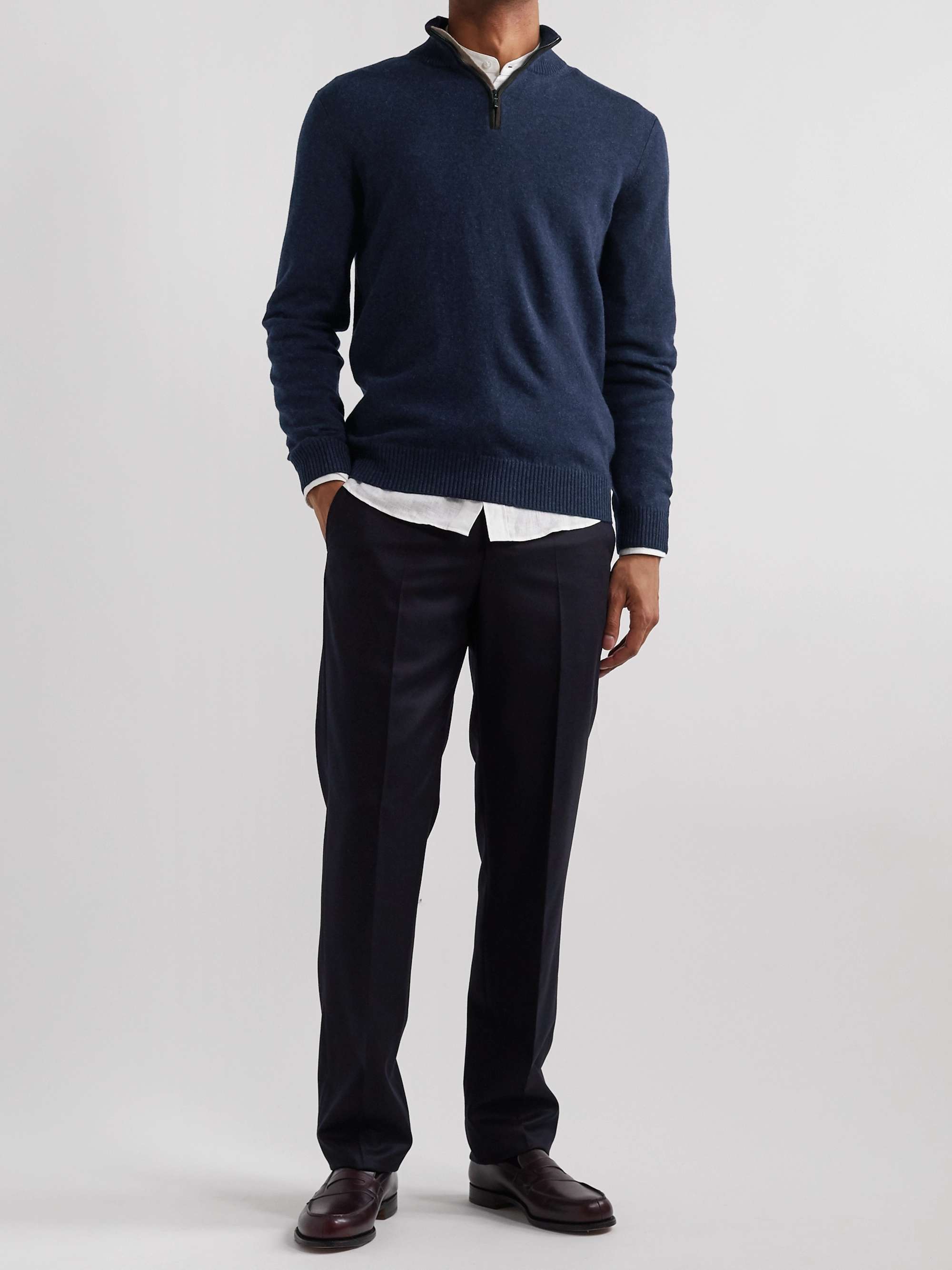 LORO PIANA Suede-Trimmed Cashmere Half-Zip Sweater