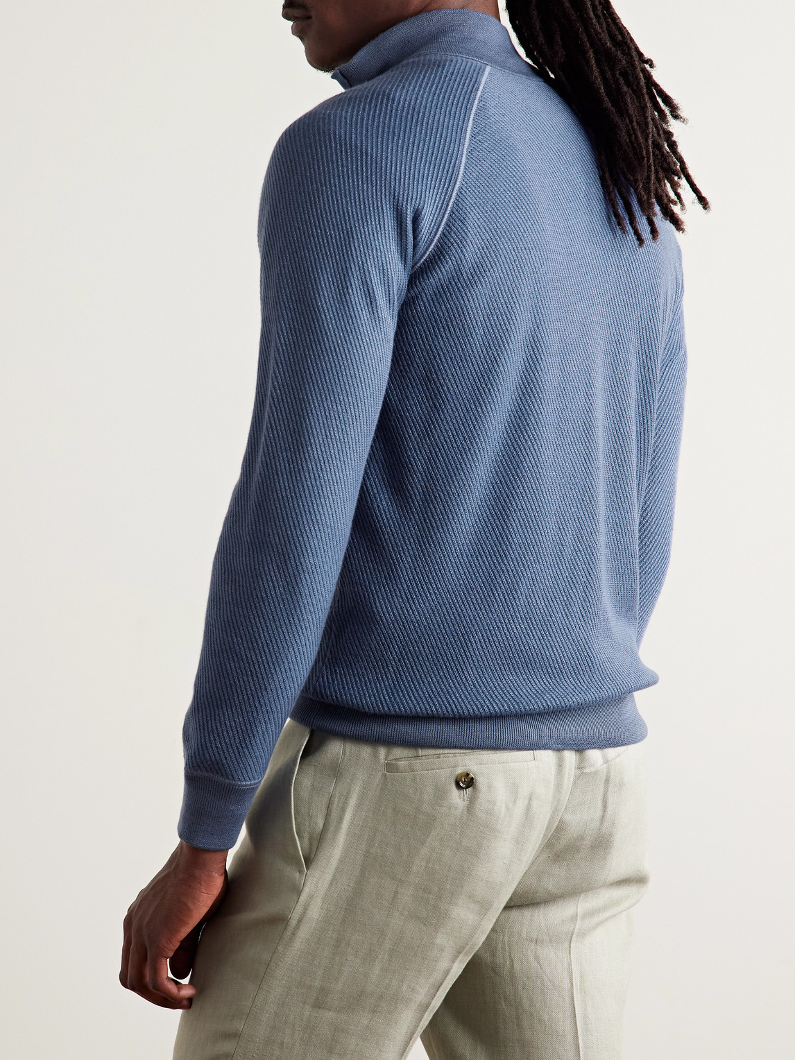 Shop Loro Piana Ribbed Cashmere And Silk-blend Half-zip Sweater In Blue