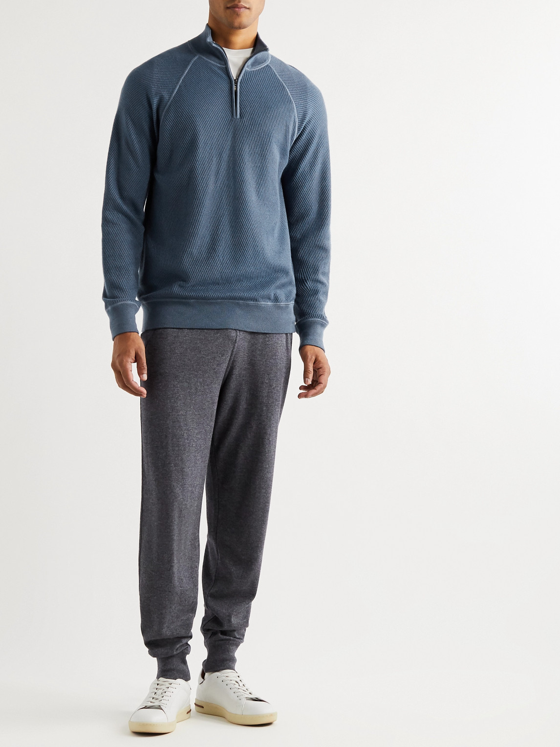 Shop Loro Piana Ribbed Cashmere And Silk-blend Half-zip Sweater In Blue