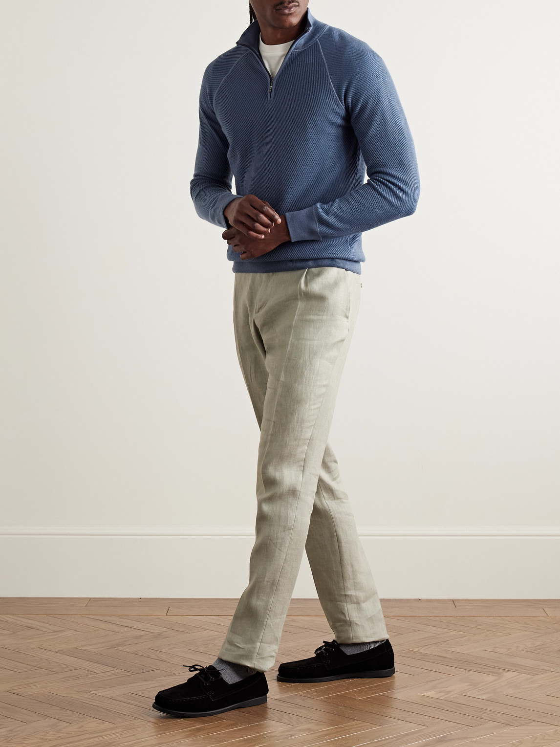 Shop Loro Piana Ribbed Cashmere And Silk-blend Half-zip Sweater In Blue