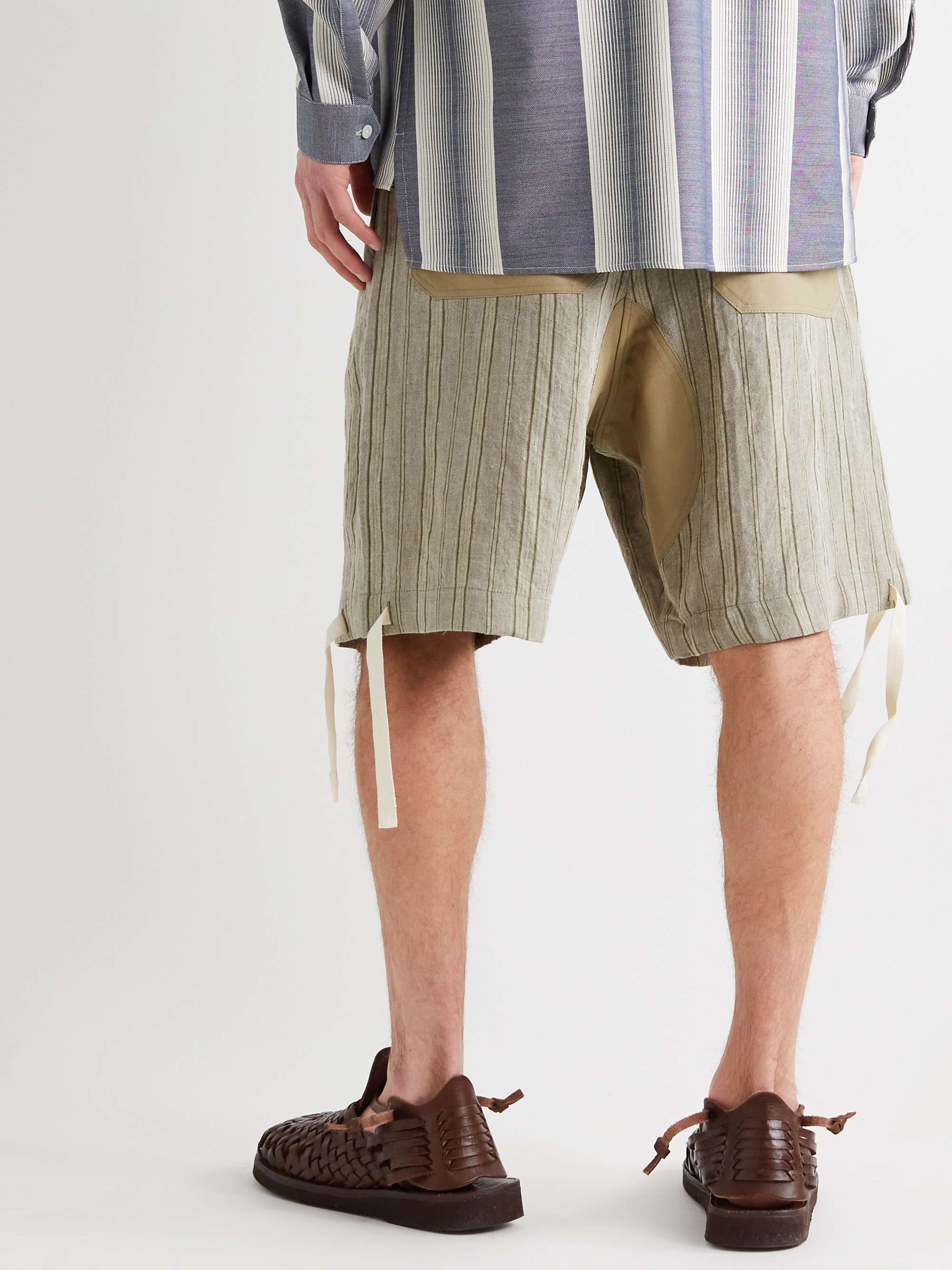 NICHOLAS DALEY Wide-Leg Striped Waxed-Linen Drawstring Shorts
