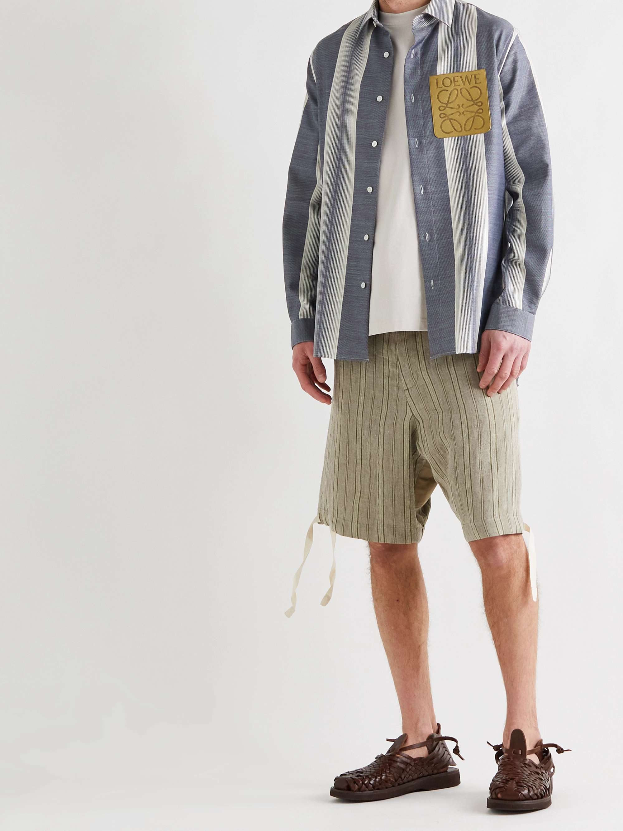 NICHOLAS DALEY Wide-Leg Striped Waxed-Linen Drawstring Shorts