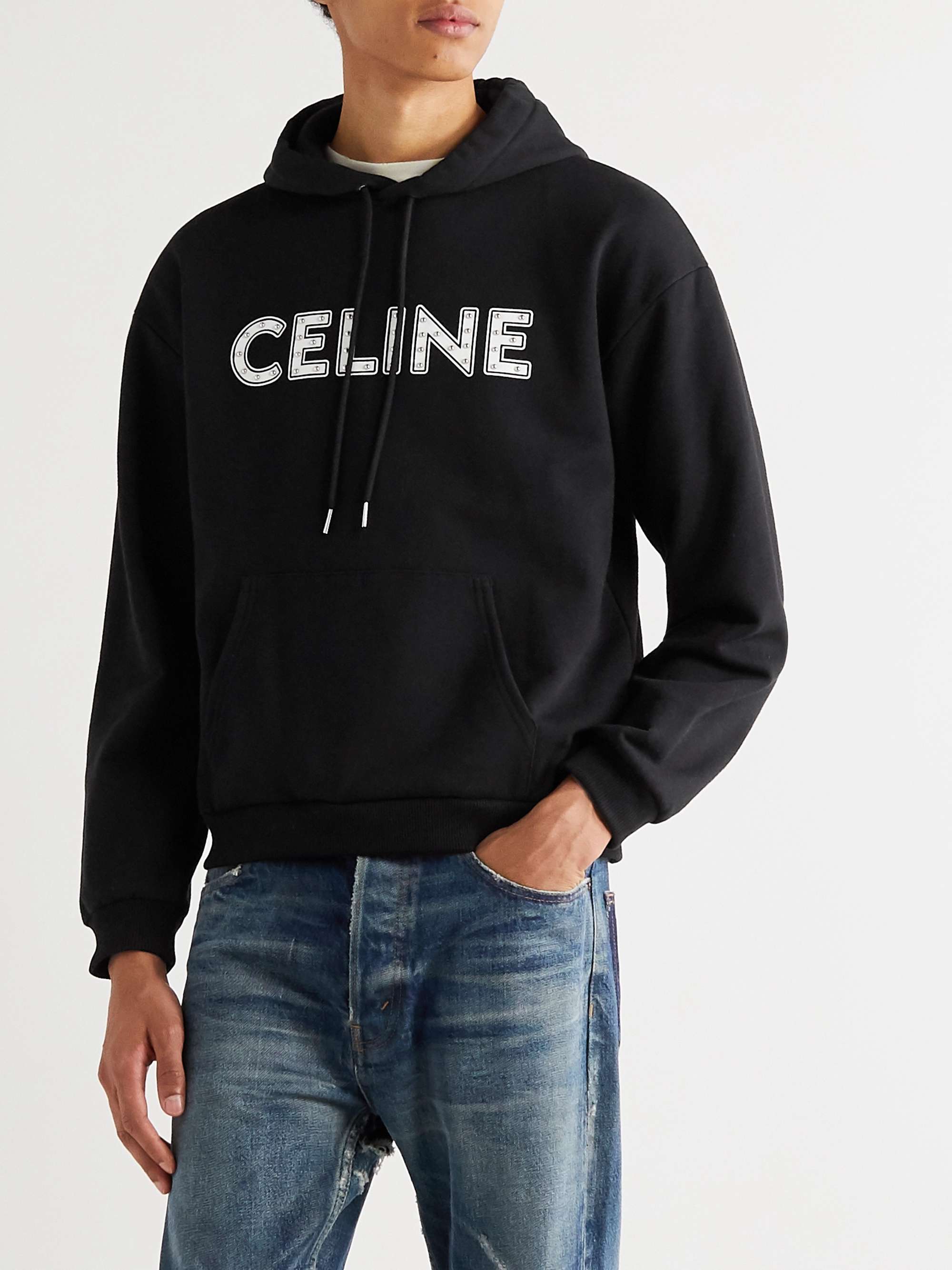 CELINE HOMME Celine-Printed Studded Cotton Hooded Sweatshirt