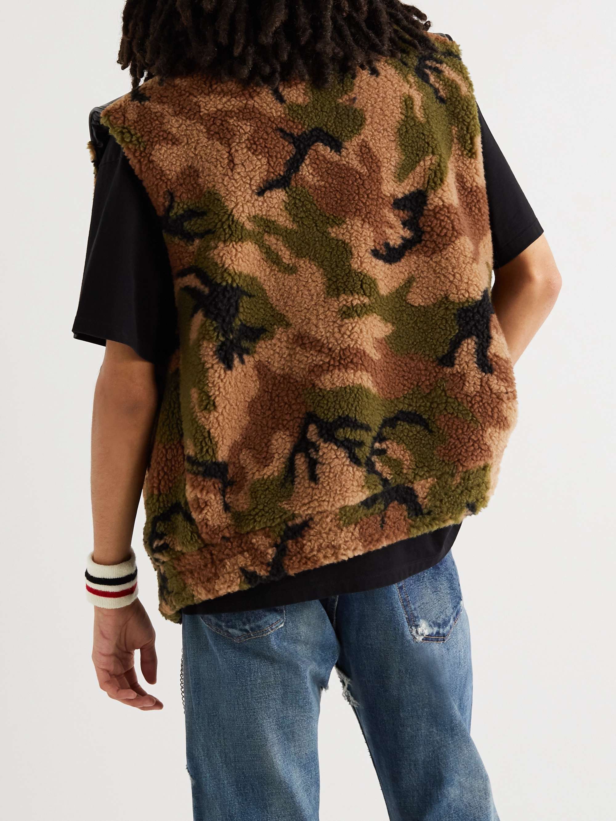 CELINE HOMME Oversized Multi-Zippered Leather-Trimmed Camouflage Fleece Gilet
