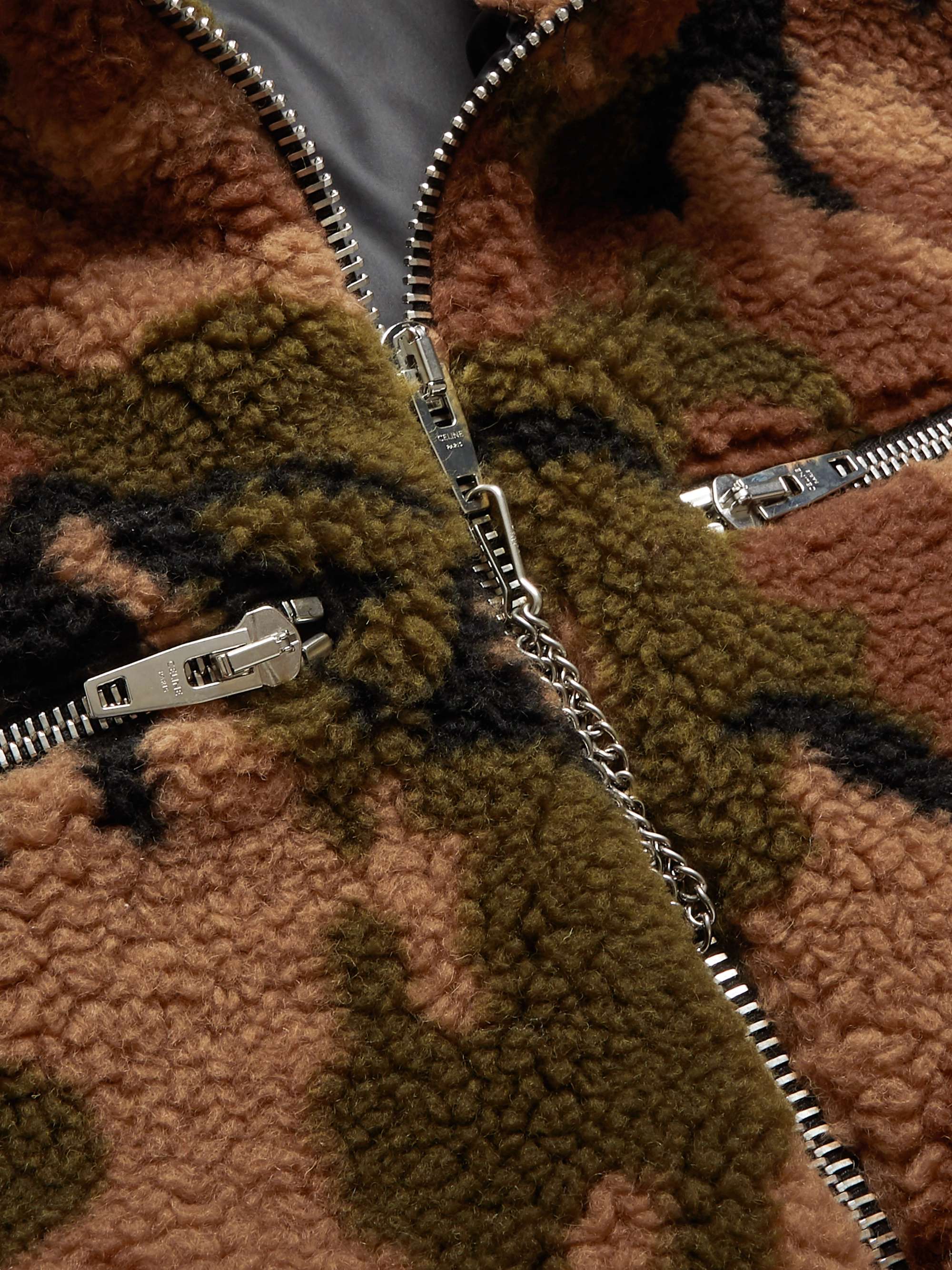 CELINE HOMME Oversized Multi-Zippered Leather-Trimmed Camouflage Fleece Gilet